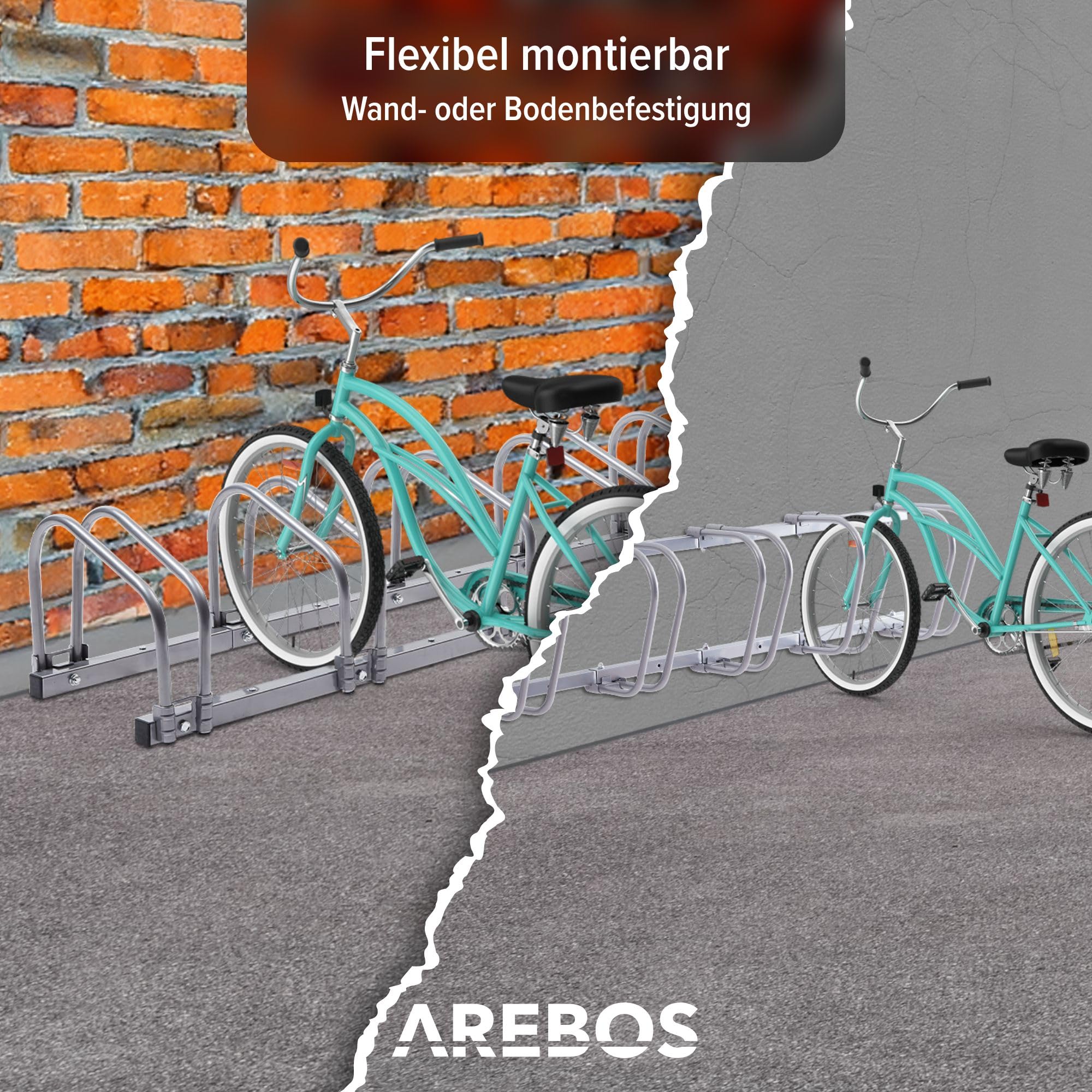Arebos Fahrradständer für 5 Fahrräder | Mehrfachständer mit 21cm Radabstand | Fahrradhalter für 35-60 mm Reifenbreite | Radständer 130 x 30 x 26 cm | Boden- oder Wandmontage | Aufstellständer Silber