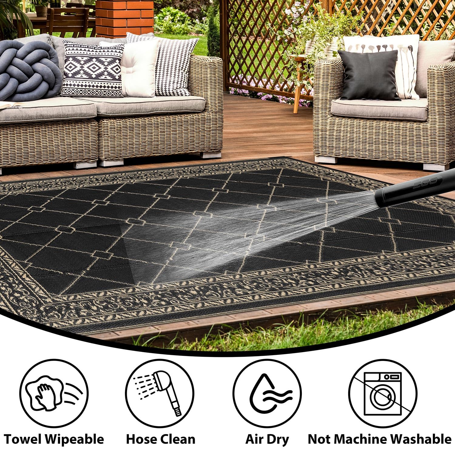 SHACOS Alfombra exterior 180x270 cm, impermeable, reversible, resistente UV, paja plástica, para jardín, patio, camping, balcón, terraza