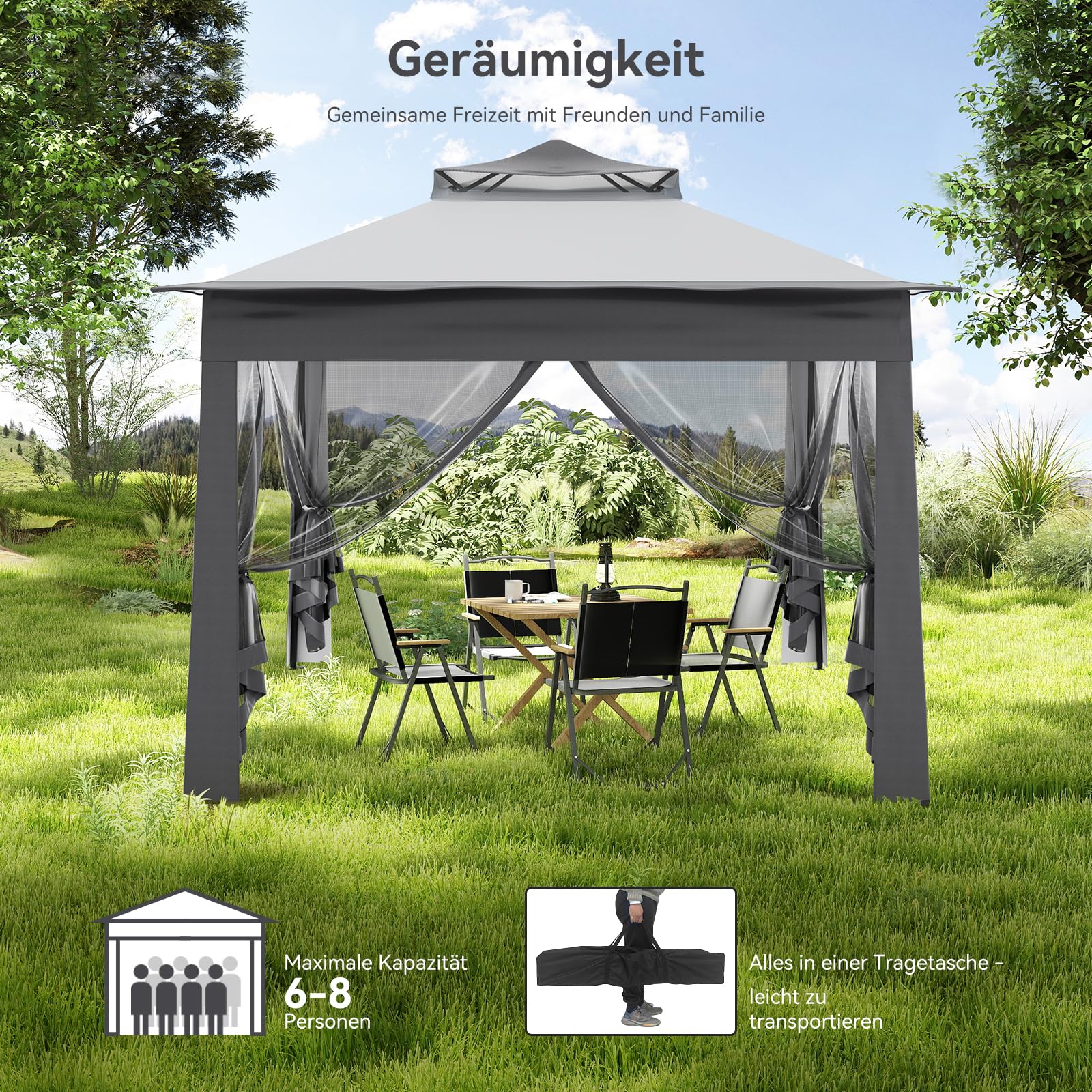 ARTETHYS Pavillon Faltpavillon 3x3 Wasserdicht Stabil Winterfest, Pop Up Pavillon mit 4 Moskitonetz, Höhenverstellbar Faltbar Gartenzelt, Doppeldach Gartenpavillon UV-Schutz 50+, Festzelt mit Tasche