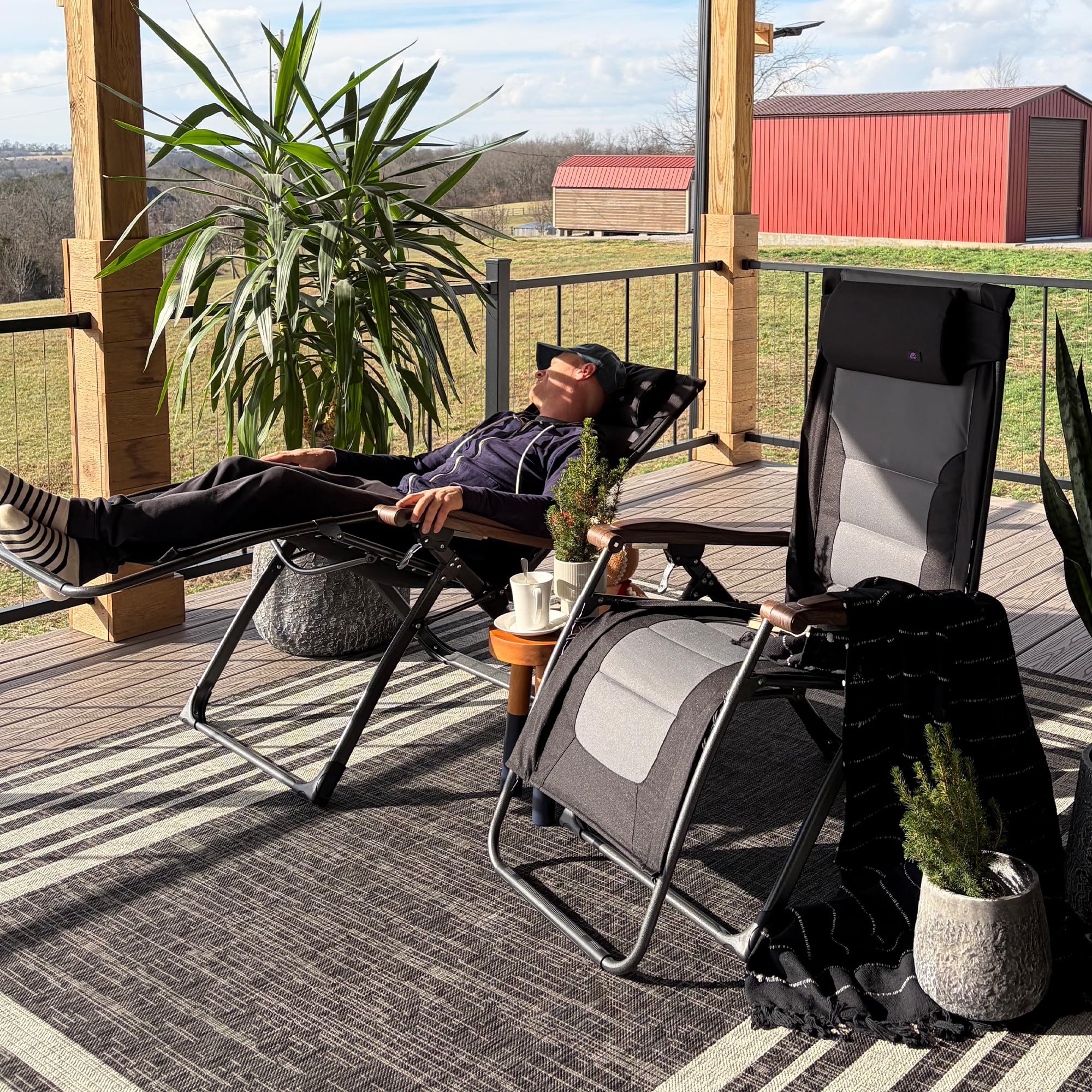 PURPLE LEAF Outdoor Reclining Chair Oversized Quilted Cushion, Black Grey