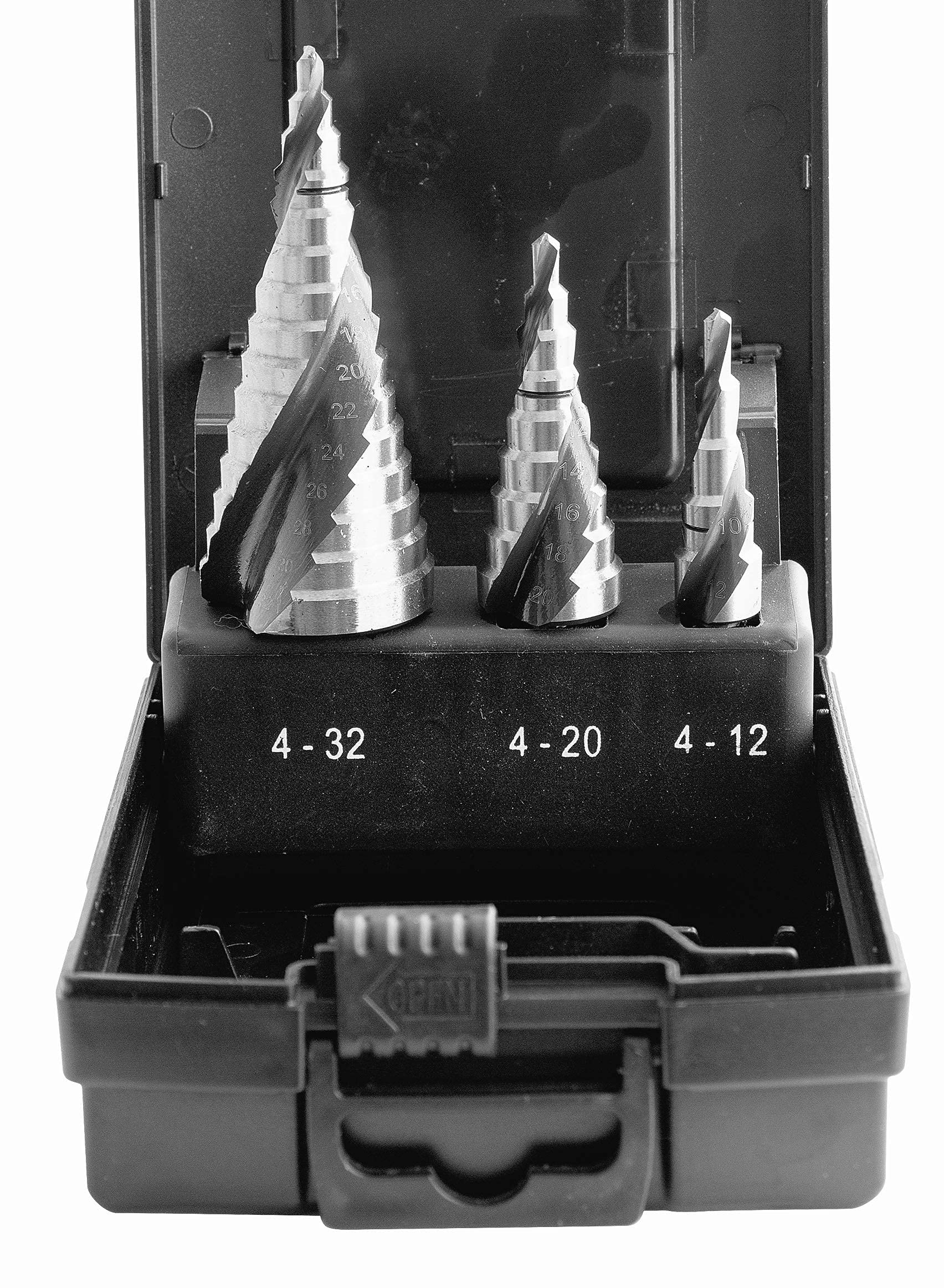 HSS Stufenbohrer-Set – 3 Teilig, Titanbeschichtet, Sechskantschaft, Für Stahl, Holz, Kunststoff, Alu & PVC Schälbohrer Set 3 Stück