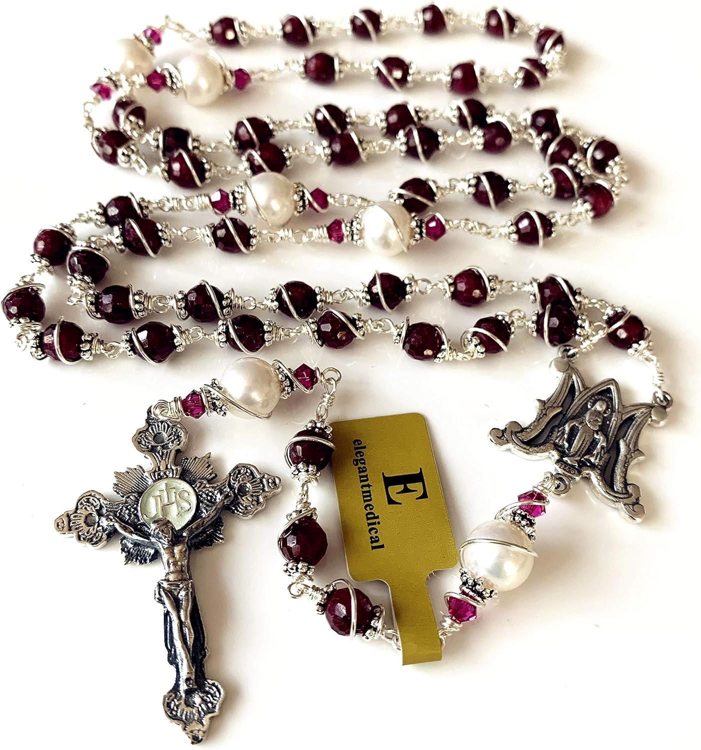elegantmedical HANDMADE STERLING SILVER UNDOUBTED RUBY BEADS ROSARY CROSS CATHOLIC NECKLACE GIFT BOX