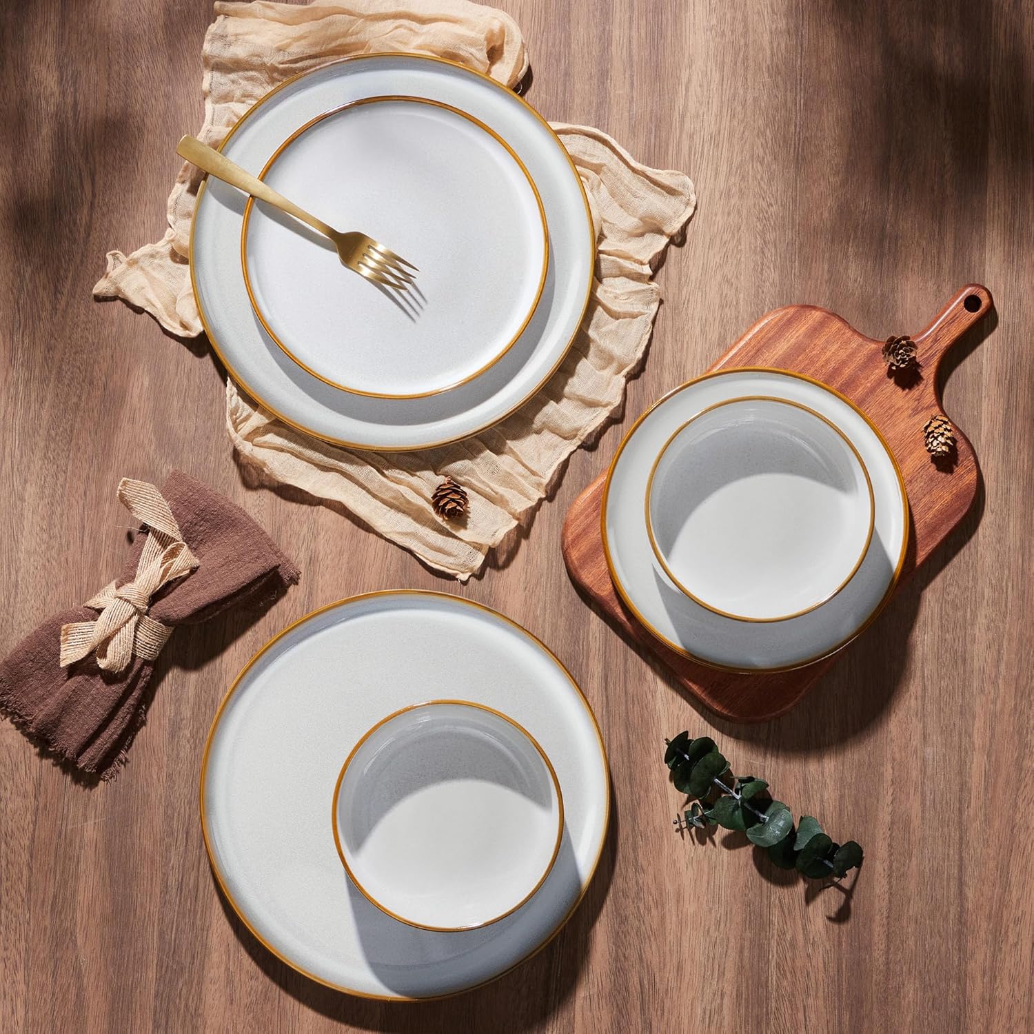 E-far Plates and Bowls Set for 4, 12-Piece Stoneware Dinnerware Sets, Ceramic Dinning Ware Reactive Glaze Dishes Set, Microwave & Dishwasher Safe - Seashell White - Image 7