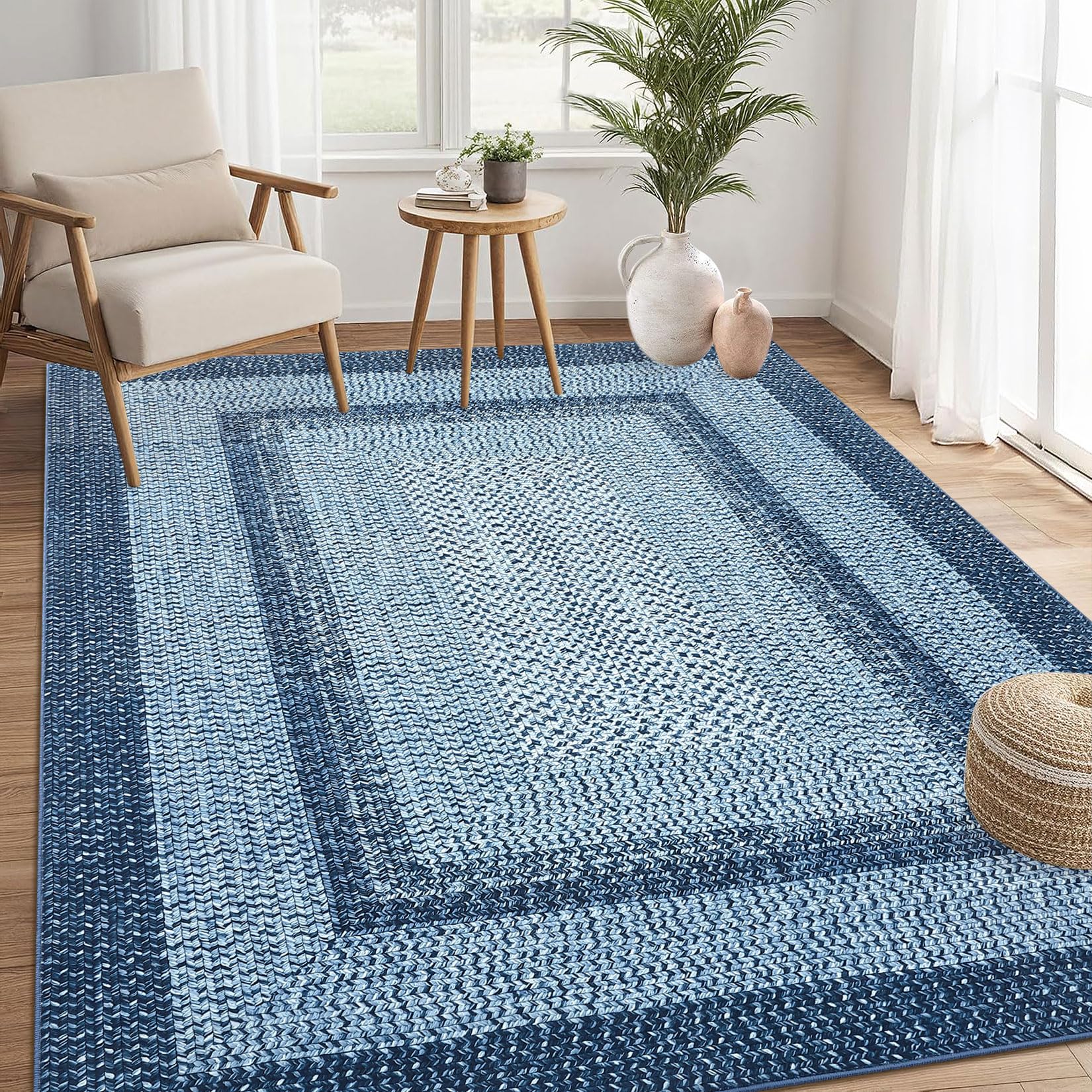 RUGSREAL 8x10 Braided Print Area Rug Washable Rug Non Slip Farmhouse Rustic Floor Carpet Boho Dining Room Carpet Modern Geometric Throw Floor Cover