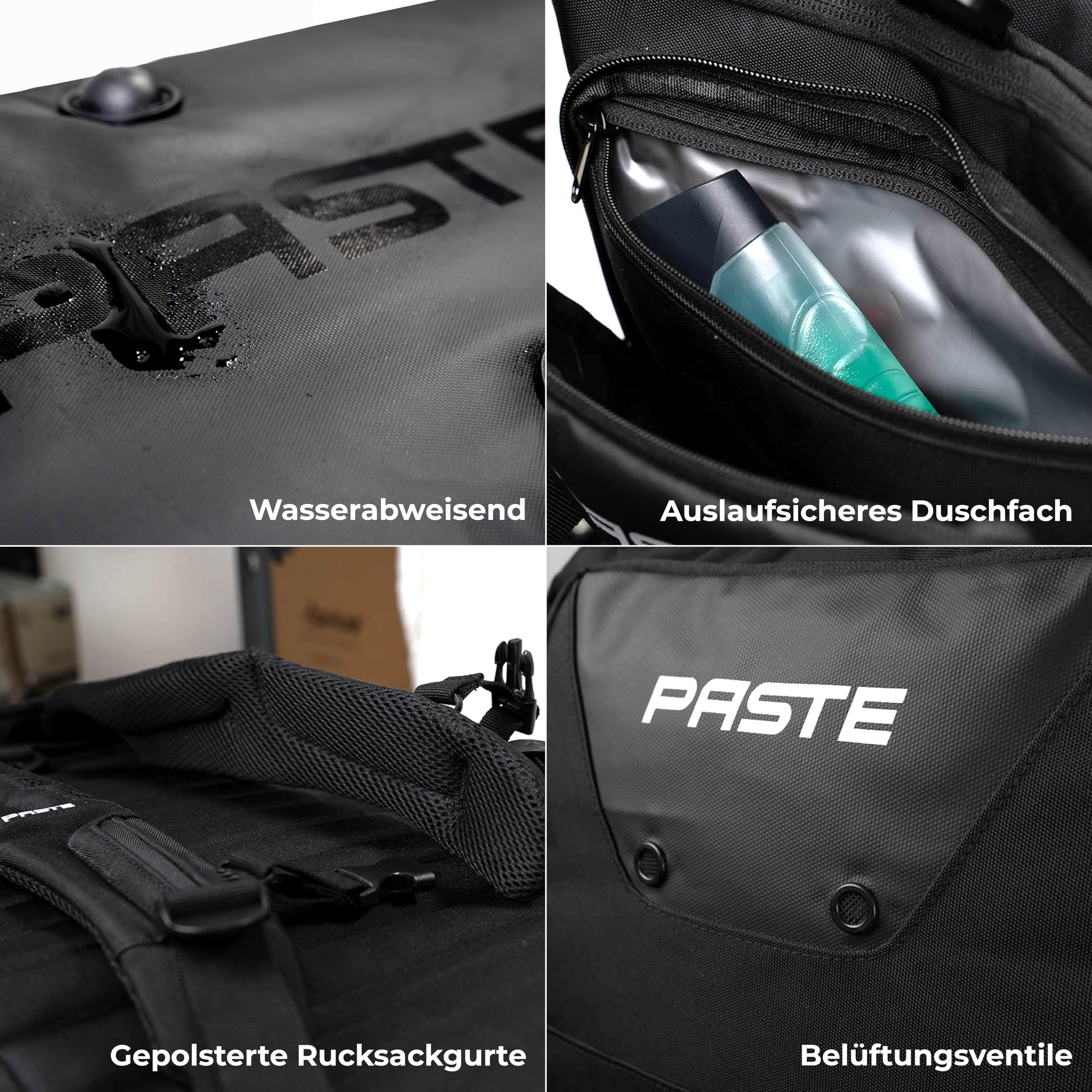 PASTE Premium Sporttasche 68L mit Rucksackfunktion Schuhfach Nassfach Schwarz Fußballtasche Trainings-Tasche Kühlfunktion Damen Herren groß XL Reise-Tasche Gym Bag