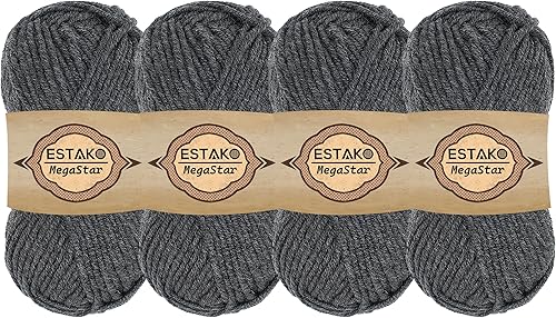 Estako Megastar (paquete de 4 madejas) 75% acrílico 25% lana, suave, grueso y voluminoso peso #5 para ganchillo y tejer (4 x 3.52 onzas) (4 x 120