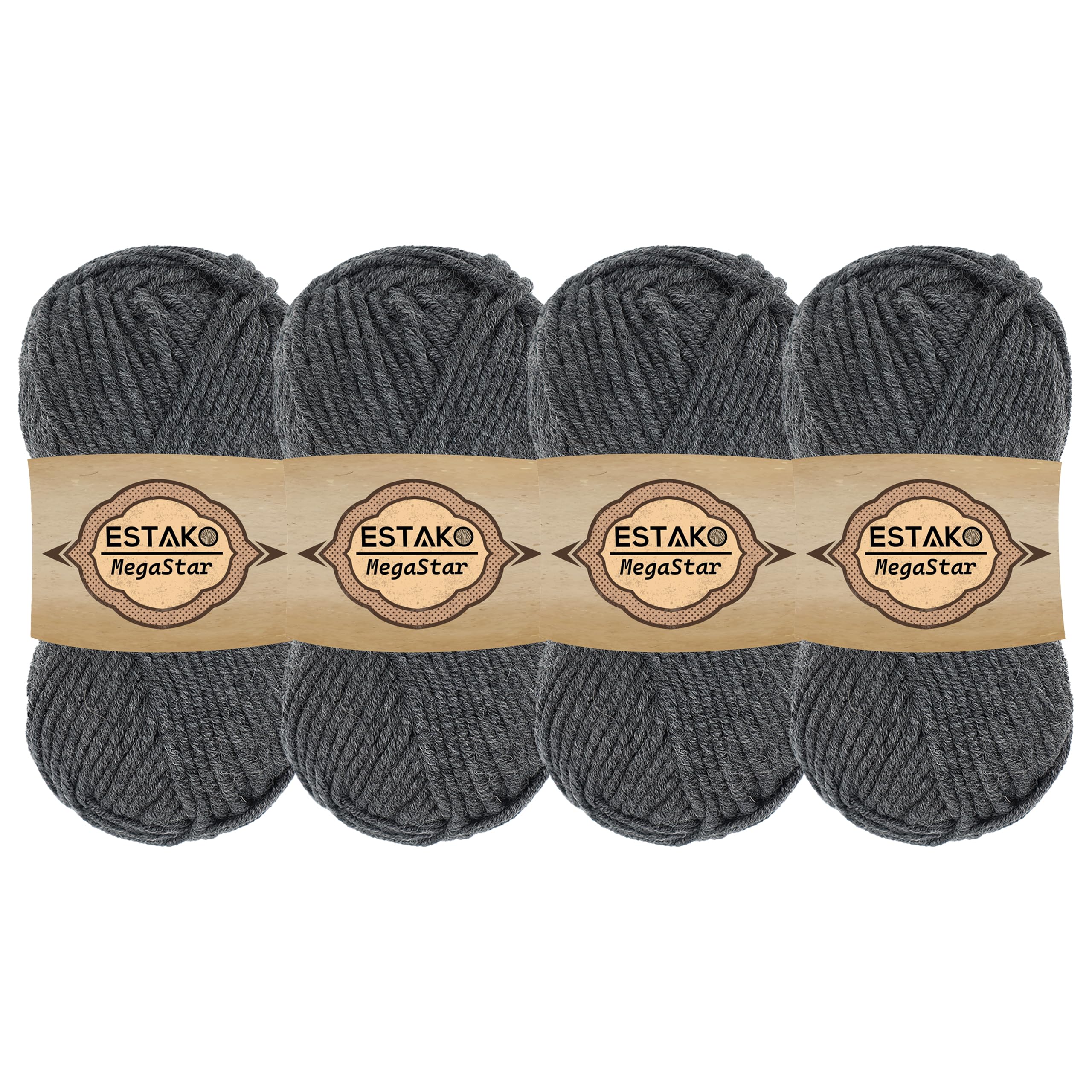 Estako Megastar 69027 Garn, 75 % Acryl, 25 % Wolle, weich, grob, sperrig, Gewicht #5 zum Häkeln und Stricken, 4 x 120 m, Grau, 4 Knäuel