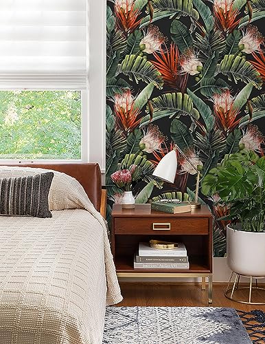 Miniatura 2 de HAOKHOME Papel tapiz removible con diseño floral de selva para despegar y pegar, papel de pared de vinilo negroverderojo, papel de contacto, 17.7