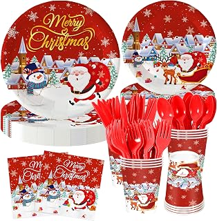 Nisdfeal168 Pcs Premium Christmas Party Tableware Set Santa & Snowman Themed Disposable Plates, Napkins, Cups, Cutlery for 24 Guests | Holiday Dinnerware for Festive Gatherings