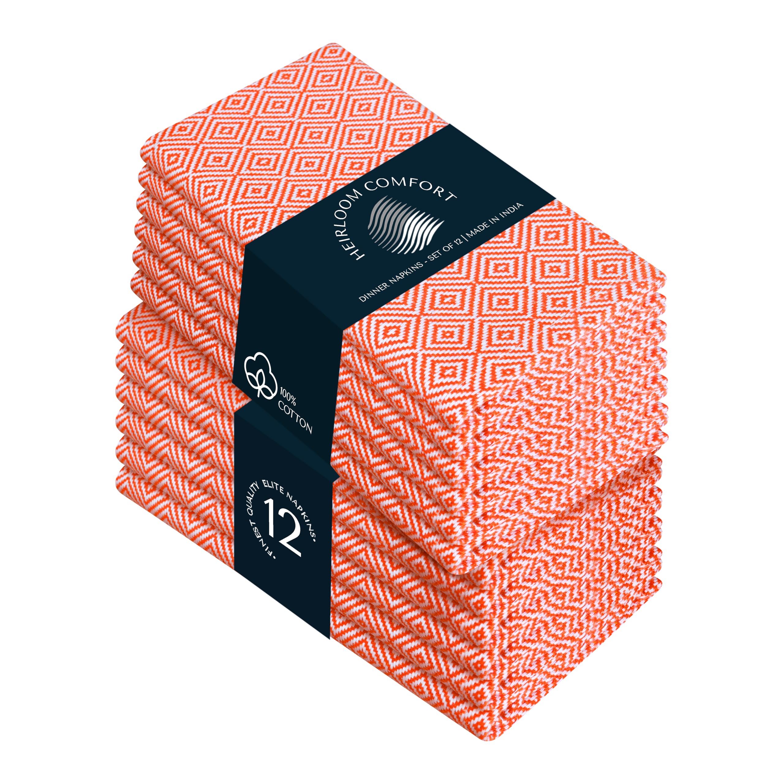 HEIRLOOM COMFORT Orange Diamond Weave Cloth Napkins Set of 12, Large 40x40 cm, 100% Cotton, Machine Washable Table Napkin for Dining Tables, Dinner, Lunch, Parties, Celebrations & Everyday Use
