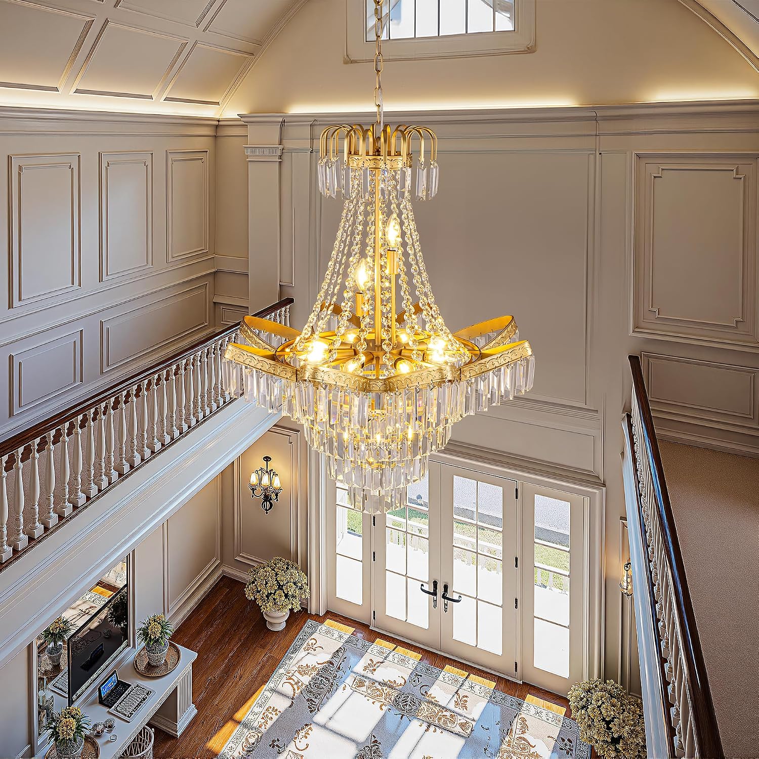 TOCHIC French Empire Crystal Chandelier, 11 Lights Foyer Chandeliers for High Ceilings, Large Vintage Chandeliers Light Fixture for Dining Living Room, Entryway, Gold, 28" W x 34''H