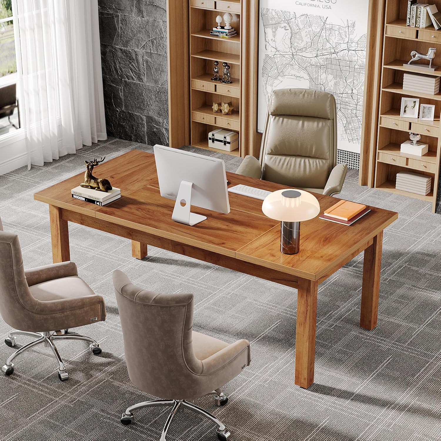 Tribesigns 70 Inch Large Computer Desk with a monitor and laptop, showcasing amptyötila.