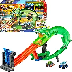 Hot Wheels Monster Trucks Pista de Brinquedo Tubarões vs. Dinossauros: Destruição do Dragão para crianças a partir de 4 anos