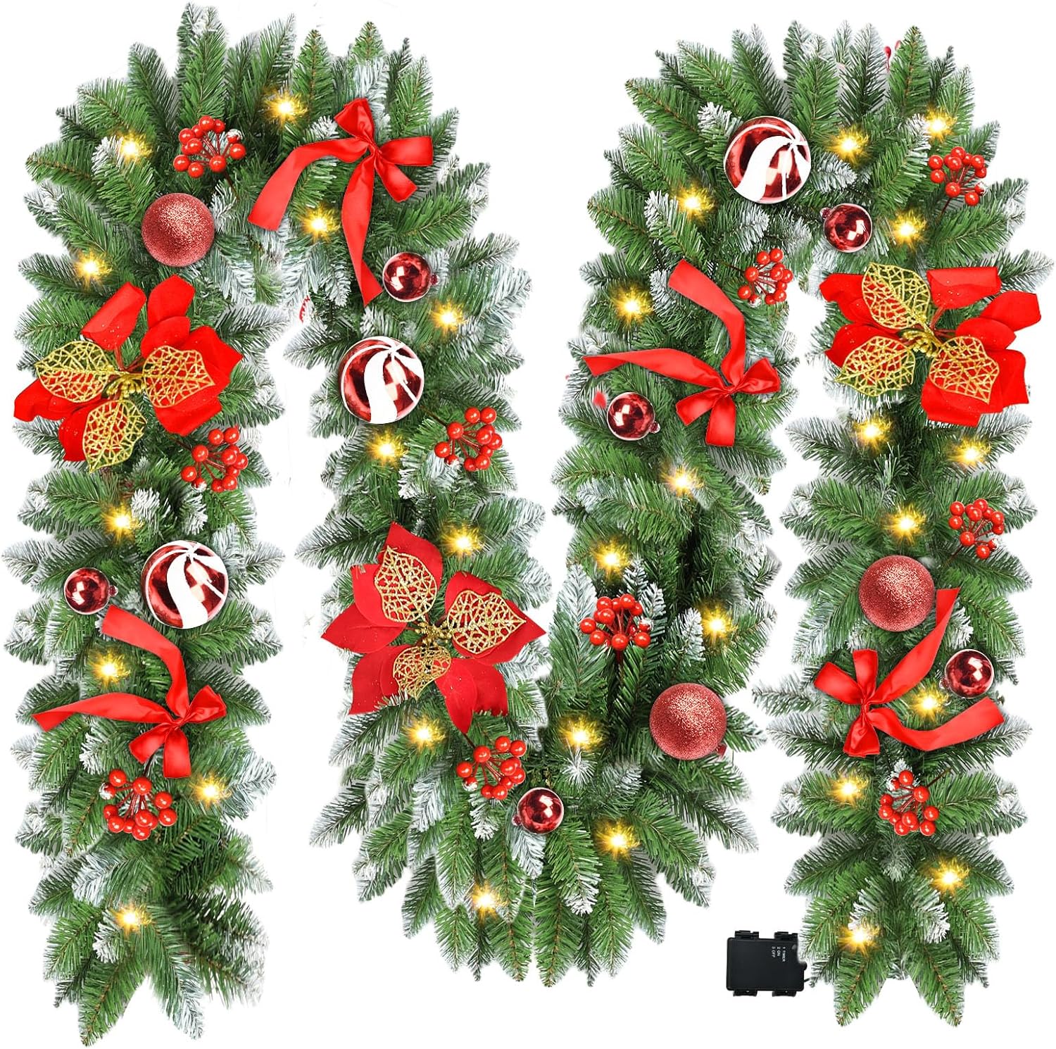 Christmas Garland with Lights, 9FT 30 LED Prelit Christmas Garland for Mantle,Outdoor Indoor Christmas Decorations Garland Battery Operated with Timer, Bows,Flowers,for Stairs,Railing,Fireplace,Door A- 9FT Christmas Garland