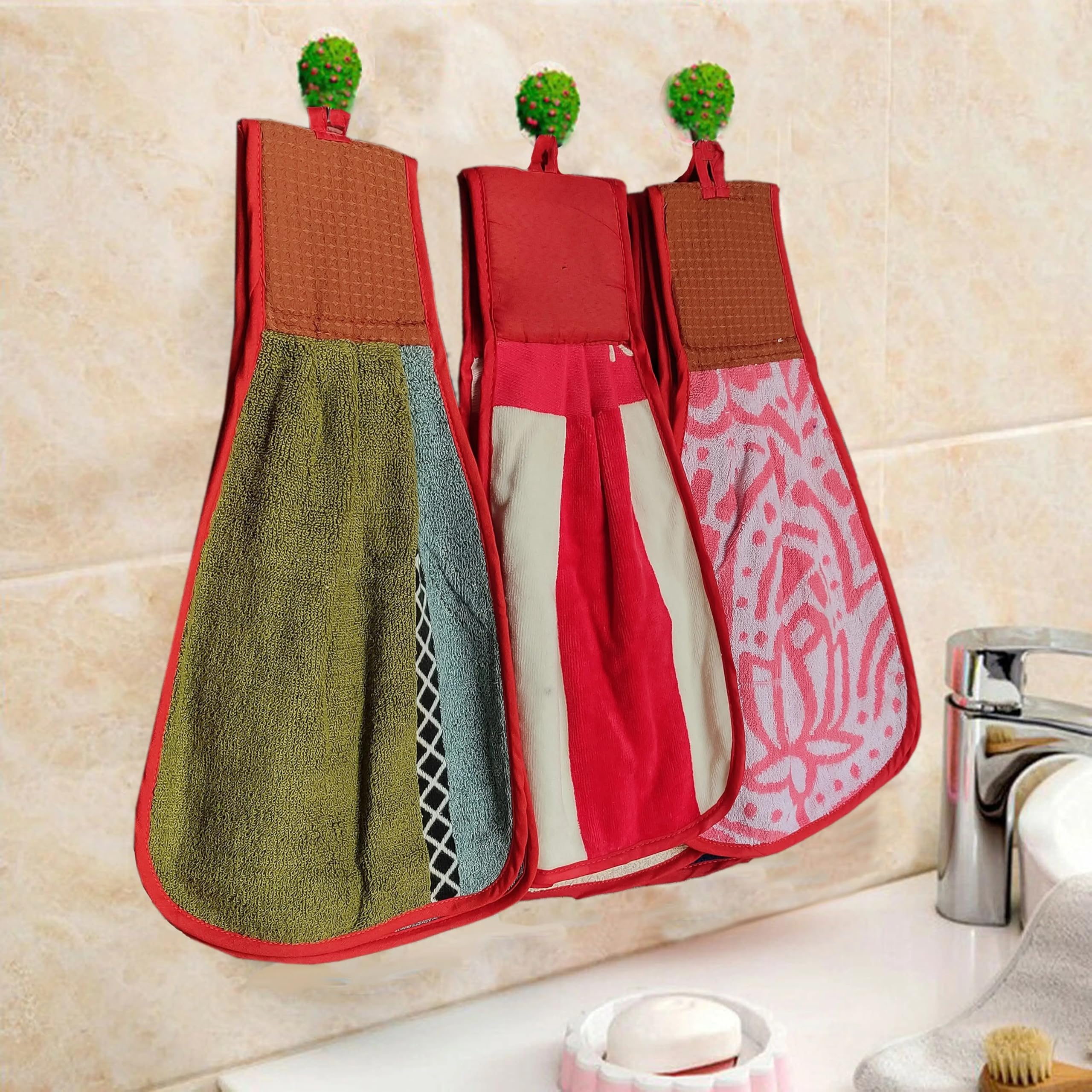 Cotton Blend Visoka Hanging Hand Towel For Kitchen/Washbasin (Pack Of 3) Multicolor-image-2