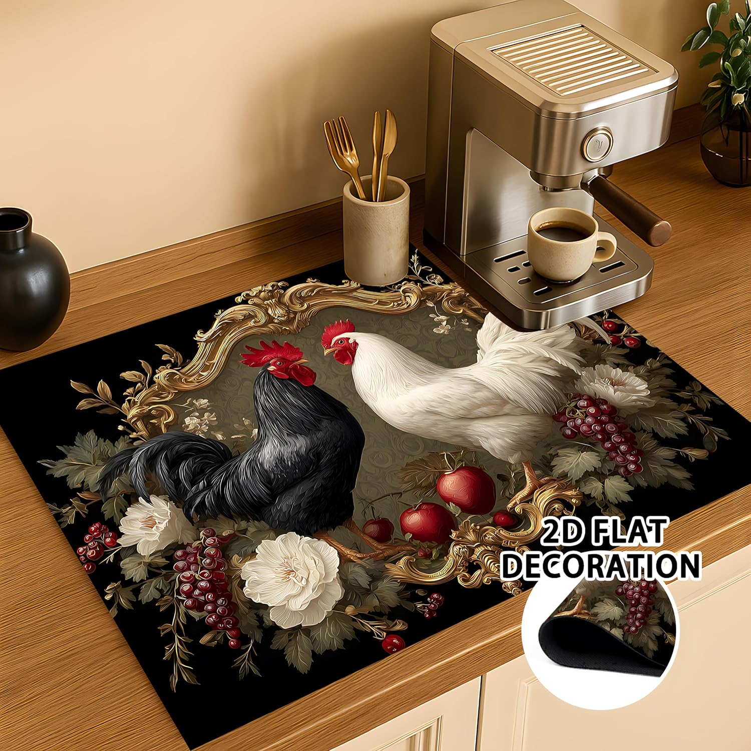 Retro animal-themed stove top cover, heat-resistant glass stove cover - multifunctional design with non-slip/washing machine top protective mat (28.3 x 20.5 inches, approx. 72 x 52 cm) (Rooster)
