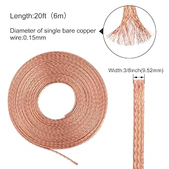 20FT Flat Copper Braid Cable, 3/8 Braided Copper Ground Strap, Bare Copper Braid Wire Ground Lead Bare Flexible Spiral Copper Flat Braid for grounding, bonding and Electrical Connections