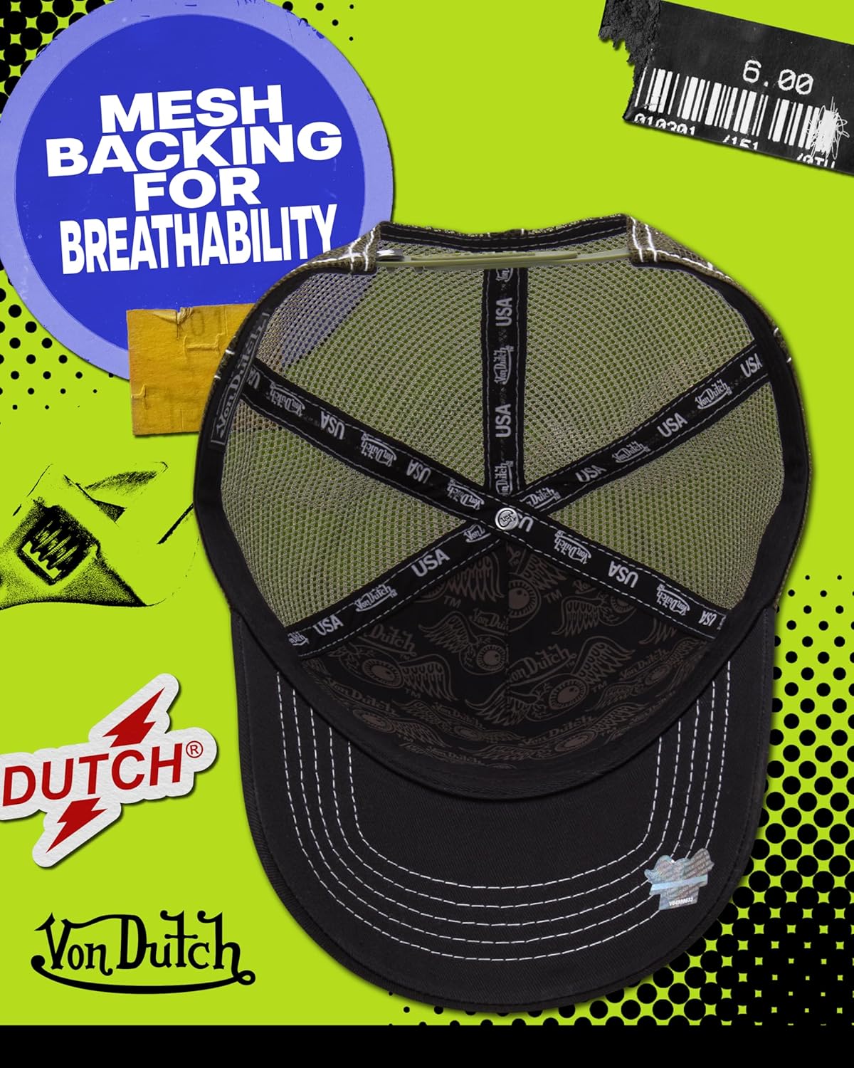 Von Dutch Unisex Trucker Hat - Curved Bill Mesh Back Retro Classic Colorblock Snapback Baseball Cap for Men and Women