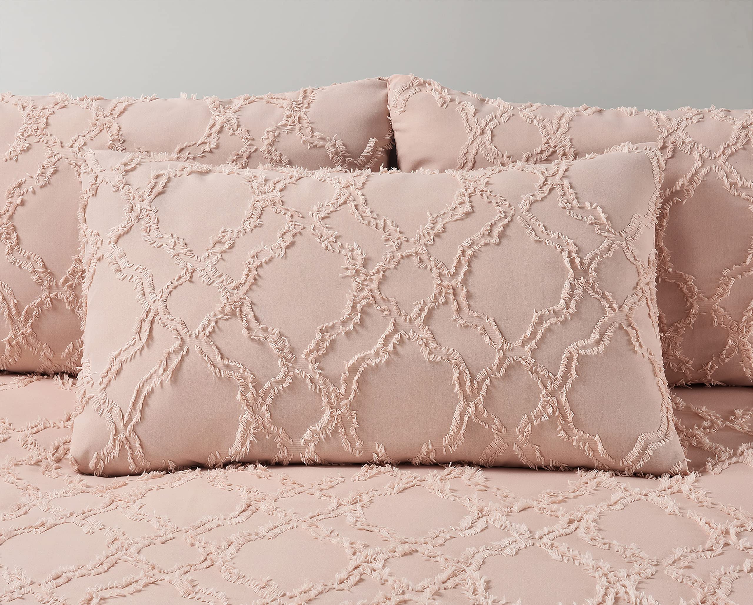 Velosso Luxury White Grey Quilted Boho Tufted Bohemian Textured Chic Bedding Set with Pillowcases (Rose Peach, Filled Boudoir Cushion)