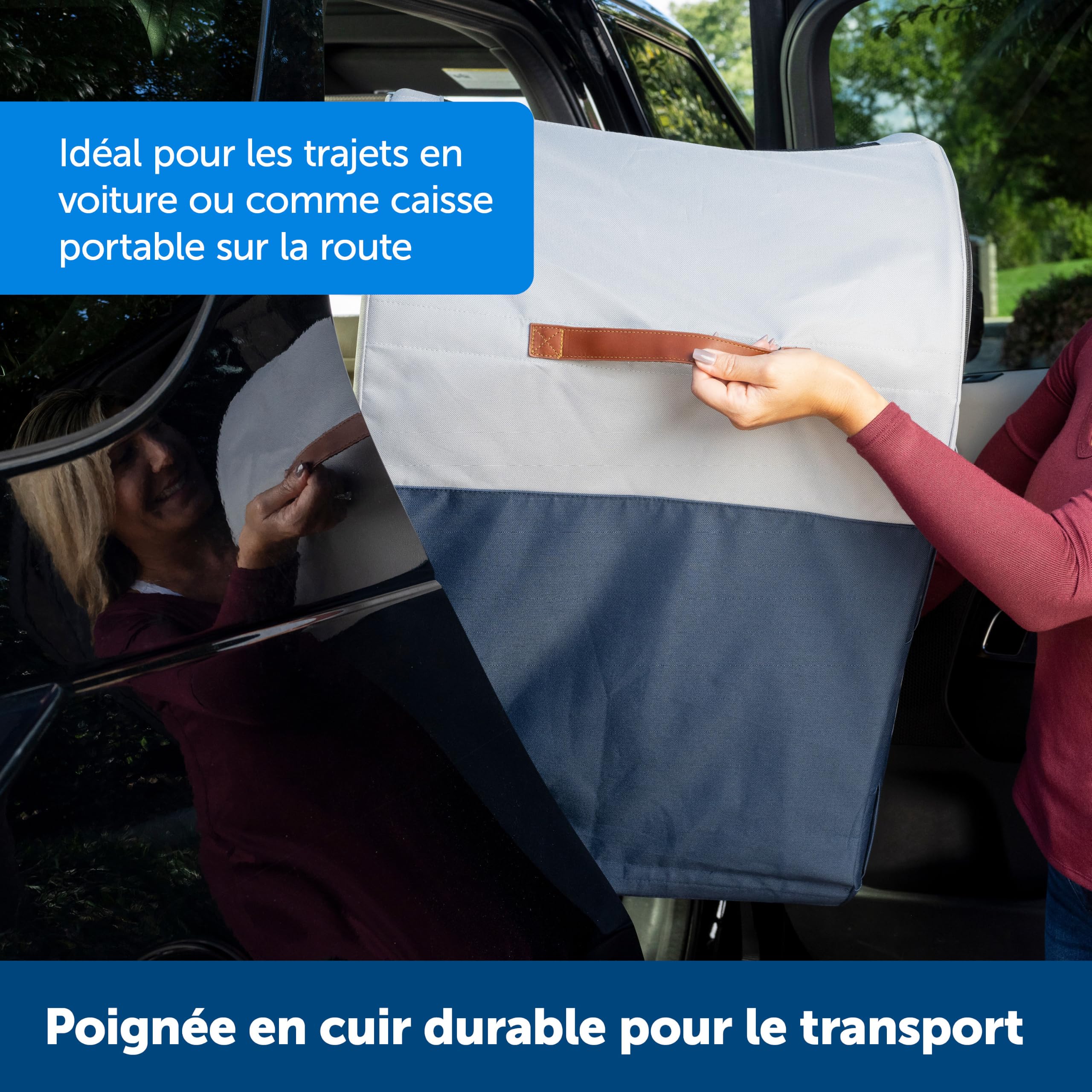 PetSafe Cabine de Voyage Pliable pour Animaux jusqu'à 27 kg, se Plie pour Un Rangement Facile, Doublure molletonnée,Lavable en Machine, 2 Poches de Rangement, Gris/Bleu étanche, Lavable à la Machine