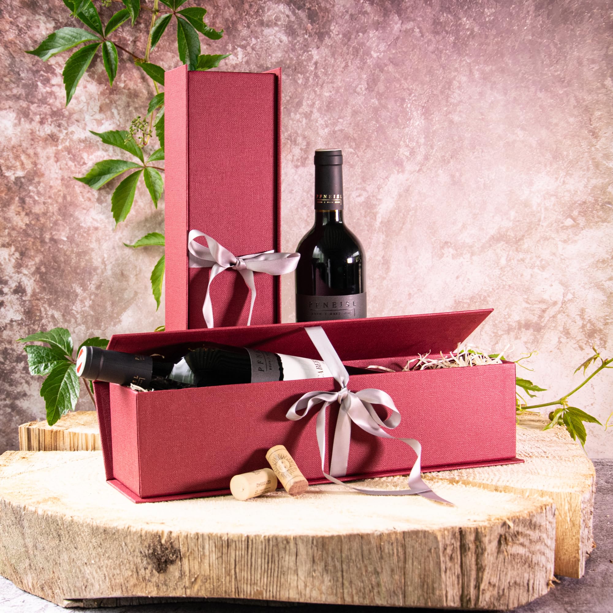 10x Wein Geschenkschatulle für 1 Flasche, hochwertige Leinenstruktur mit Schleife, in 2 Farben (Rot)