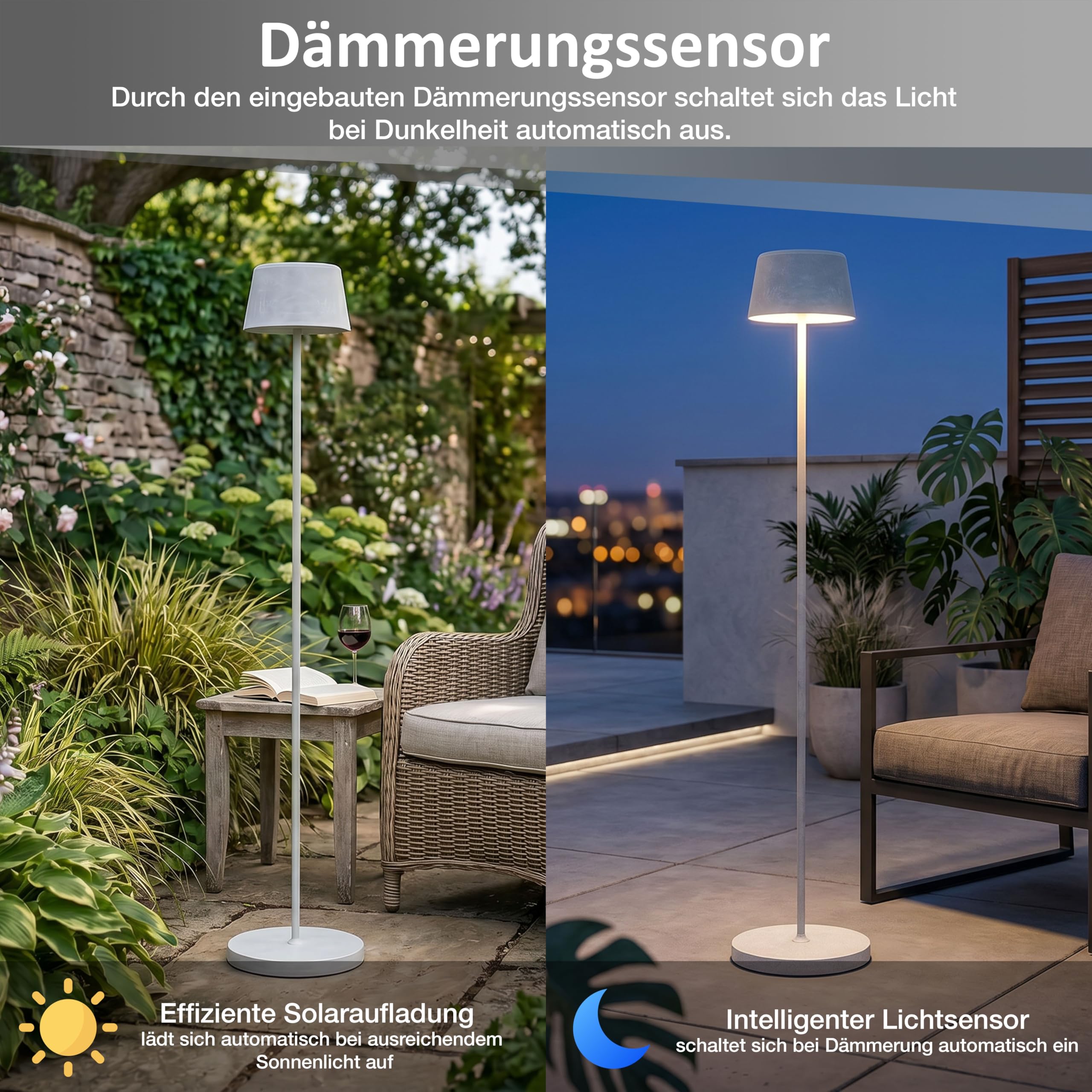 Northpoint ELBLIGHT.de LED Solar Stehleuchte Outdoor dimmbar mit Dämmerungssensor USB-C Gartenleuchte warmweiß 3000K IP44 wetterfest Außenleuchte Terrasse Balkon Steinoptik 122 cm