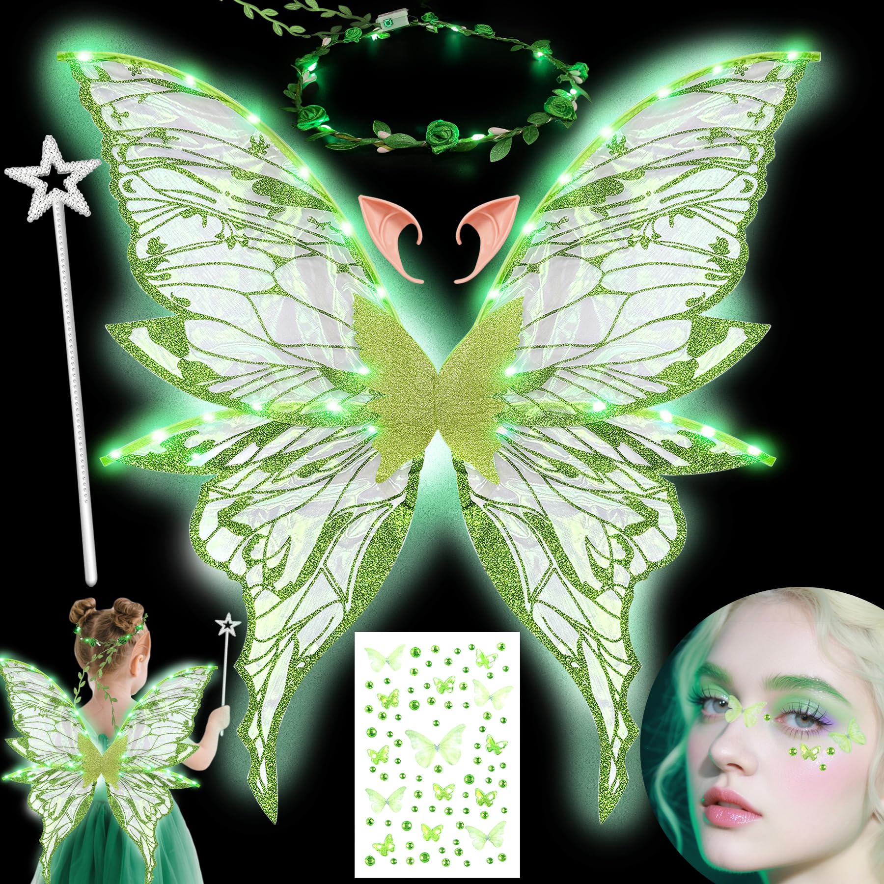 YeahBoom Fairy Wings LED Luminous with Elf Ears LED Fairy Headband and Star Wands Butterfly Wings Costume for Carnival Party