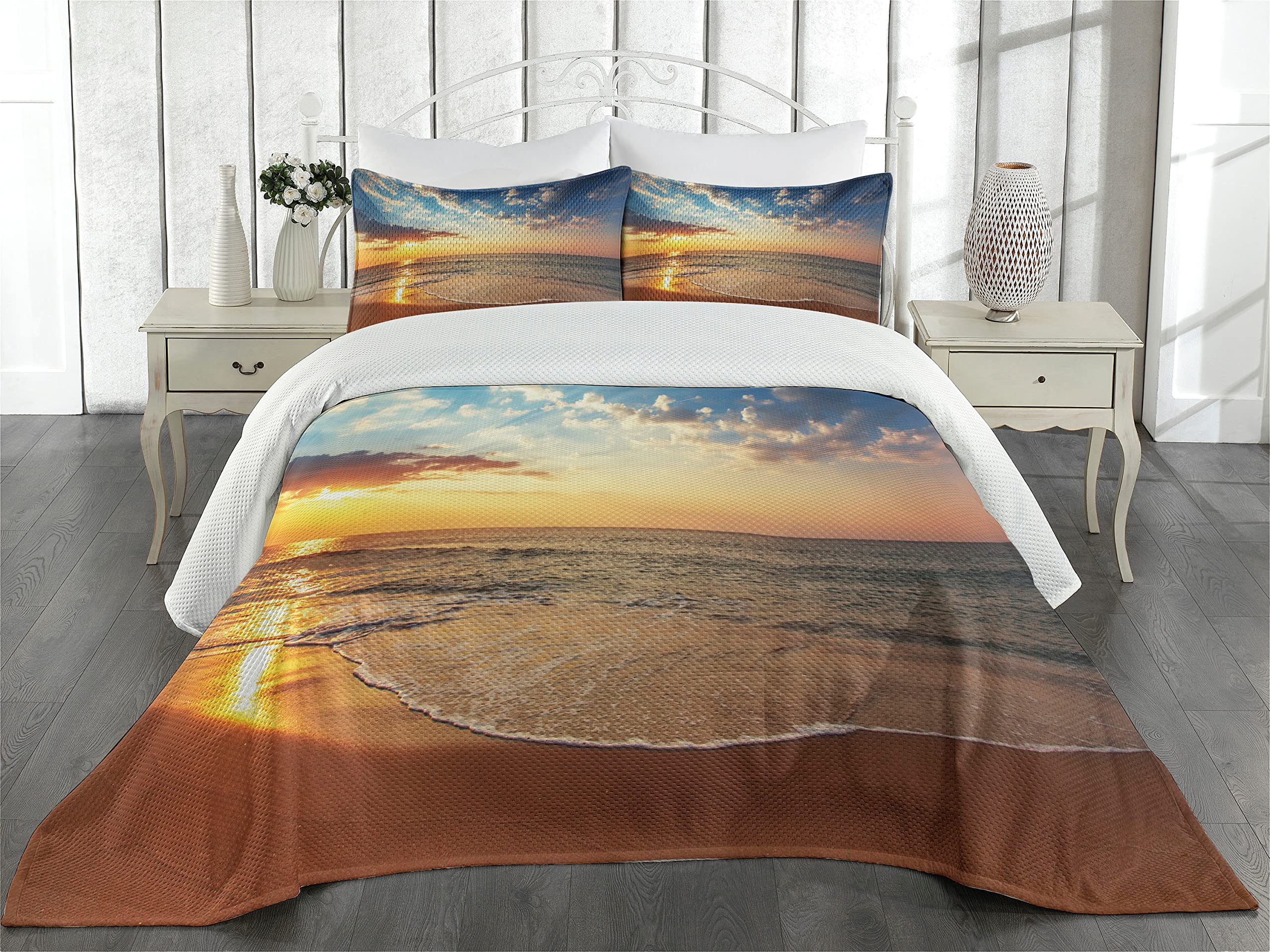 Ambesonne Ocean Coverlet, Cloudscape Over The Sea Honeymoon Travel Destination Sunrise Panoramic Shot, 2 Piece Decorative Quilted Bedspread Set with 1 Pillow Sham, Twin Size, Blue Yellow Brown