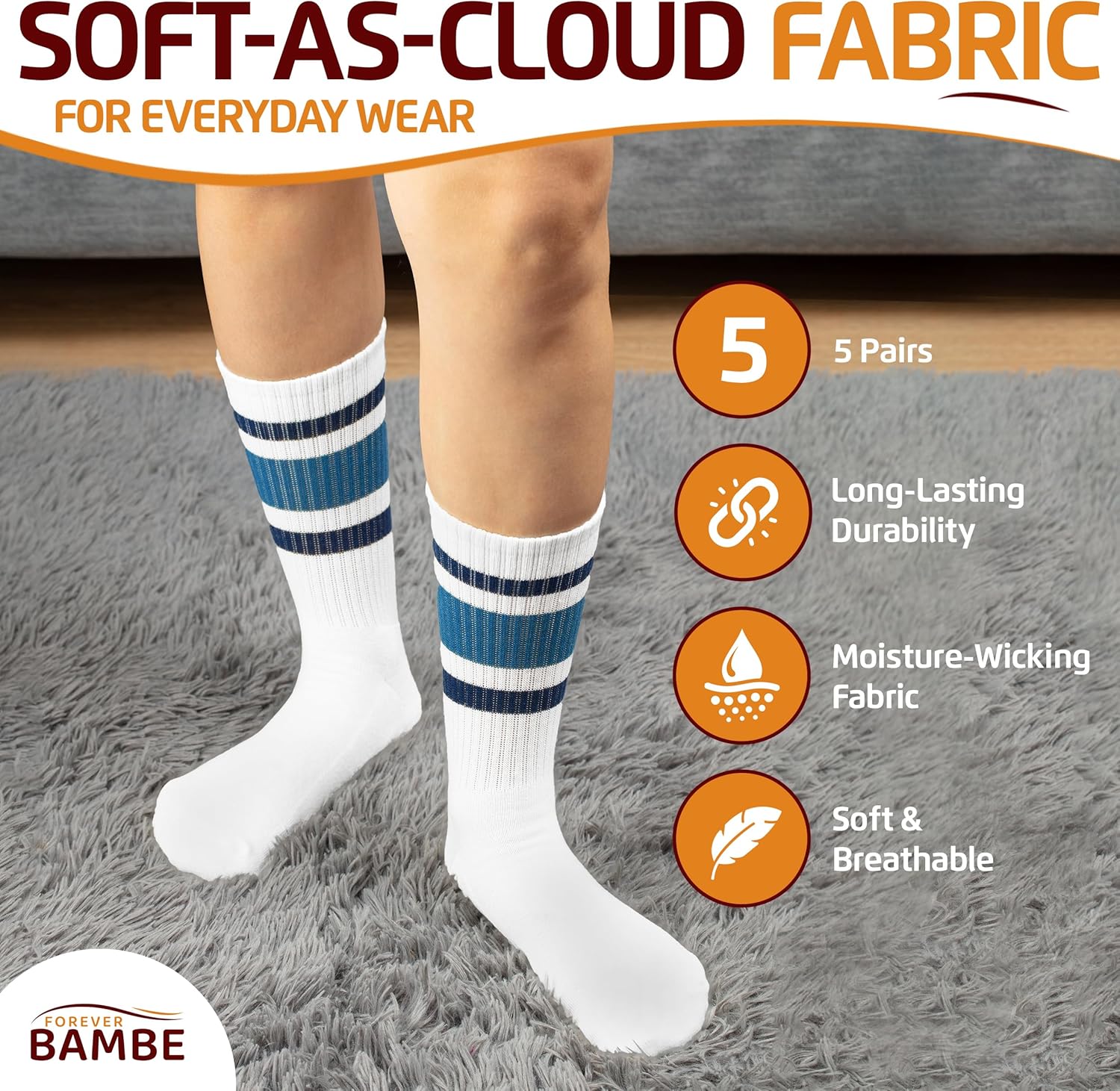 F|B Striped Retro Crew Socks for Women - Pair of 5 Triple Striped Socks with Terry Cushioned Sole - Image 4