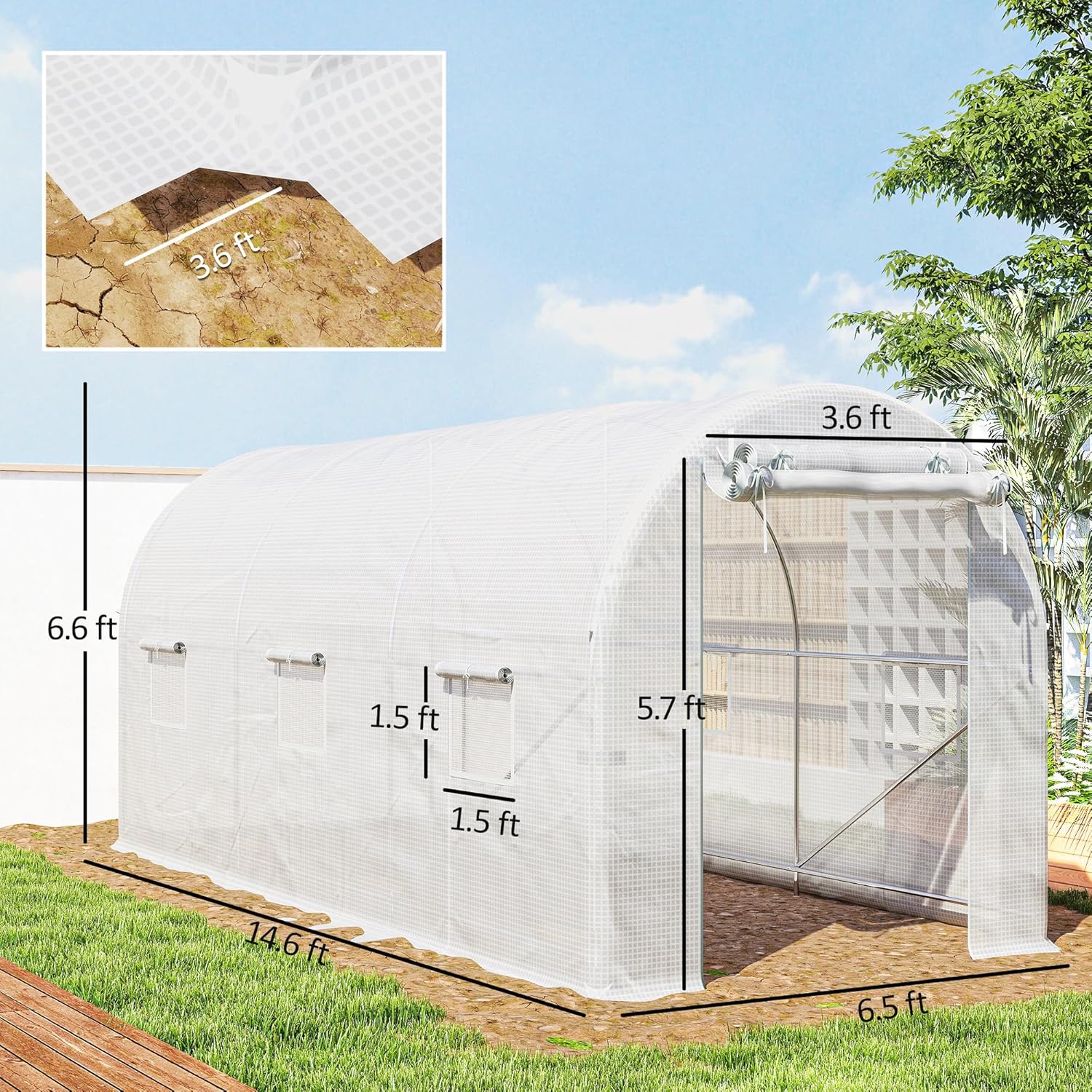 Outsunny 14.6'x6.5'x6.6' Hoop House Greenhouse with 2 Support Rods, Zippered Roll-up Mesh Door, Mesh Windows, Walk-in Tunnel Greenhouse with PE Cover, Galvanized Steel Frame, Outdoor Garden, White