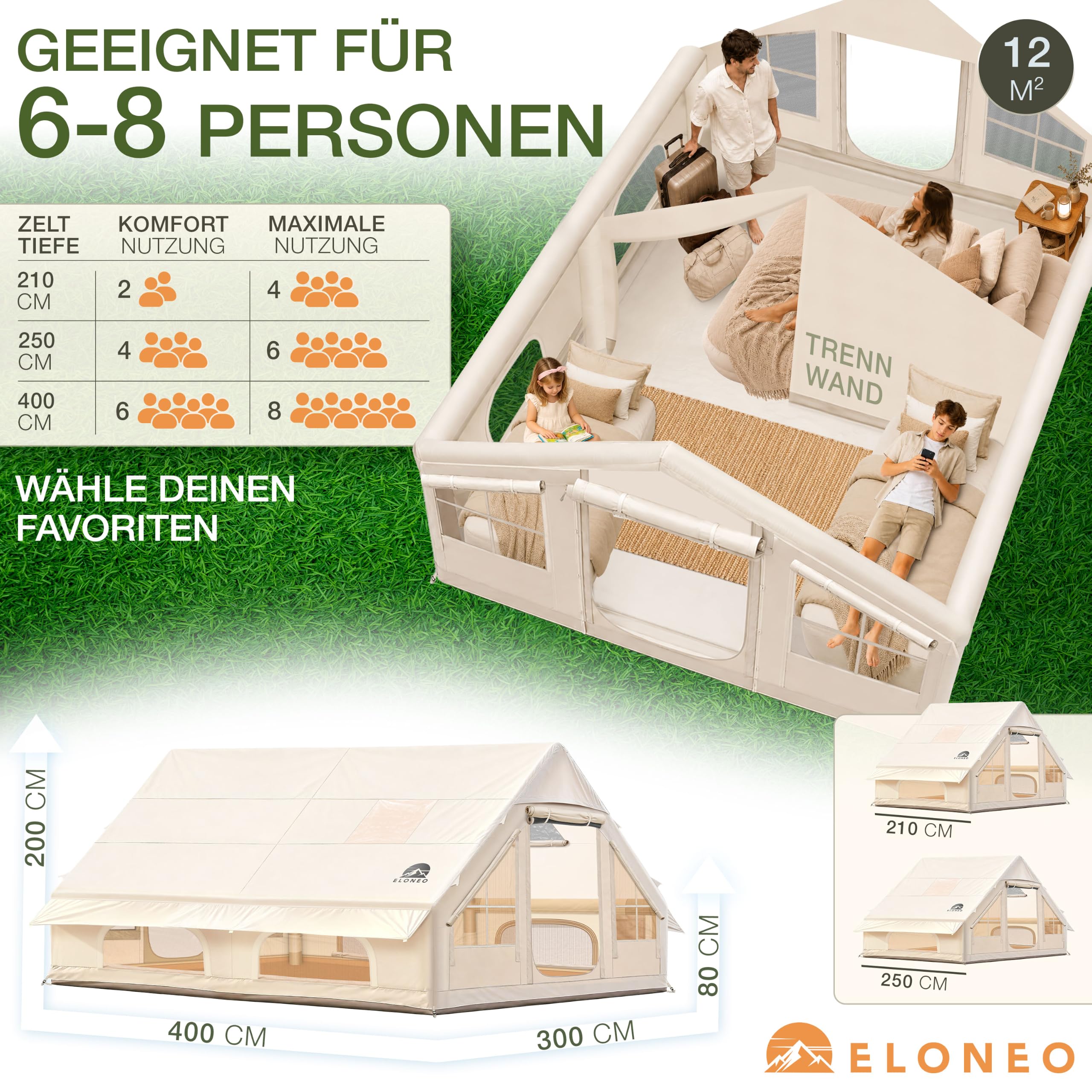 ELONEO aufblasbares Zelt für 2/4/6/8 Personen mit Dachfenster & Luftpumpe, Premium Glamping Zelt wasserdicht, Luftzelt, Inflatable Tent, Camping Zelt