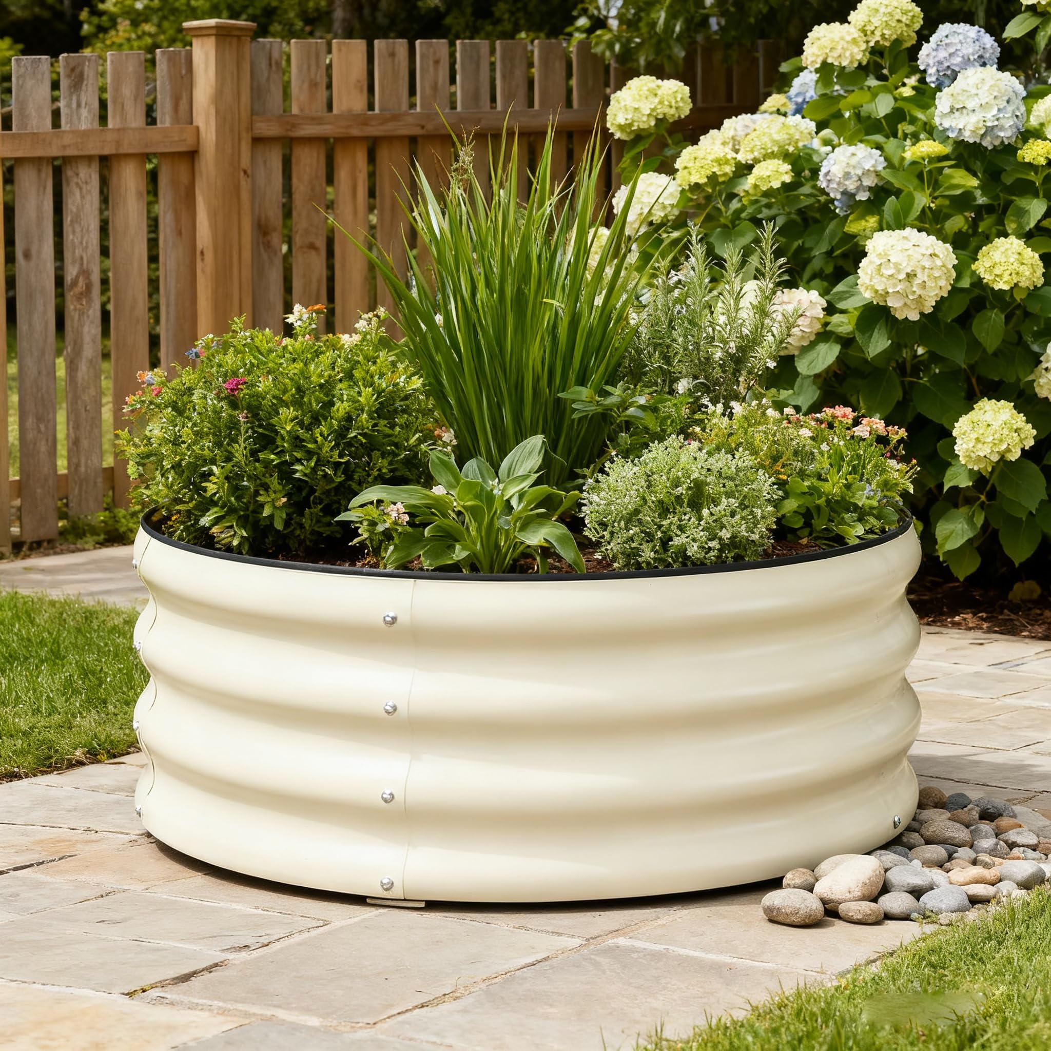 Aptliton White 4Ft Round Raised Garden Bed Kit With Safety Rubber Edge, Galvanized Steel Metal Planter Box For Vegetables Flowers Herbs, Outdoor Elevated Garden Planter For Patio Backyard,