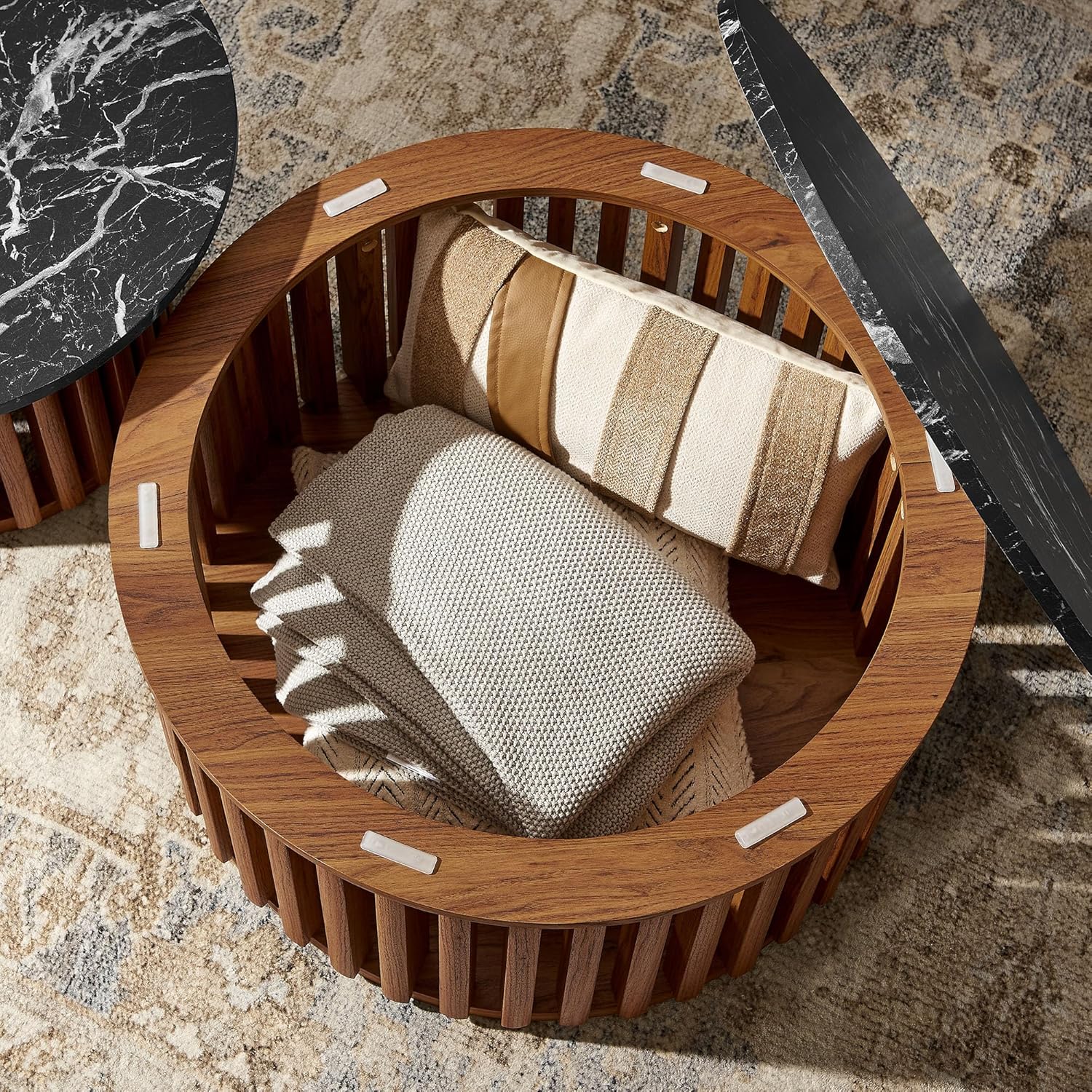 Modway Fortitude Round Faux Marble Wood Nesting Coffee Table Set in Walnut Black - Modern Drum End Table and Coffee Table with Faux Marble Top and Timber Strips