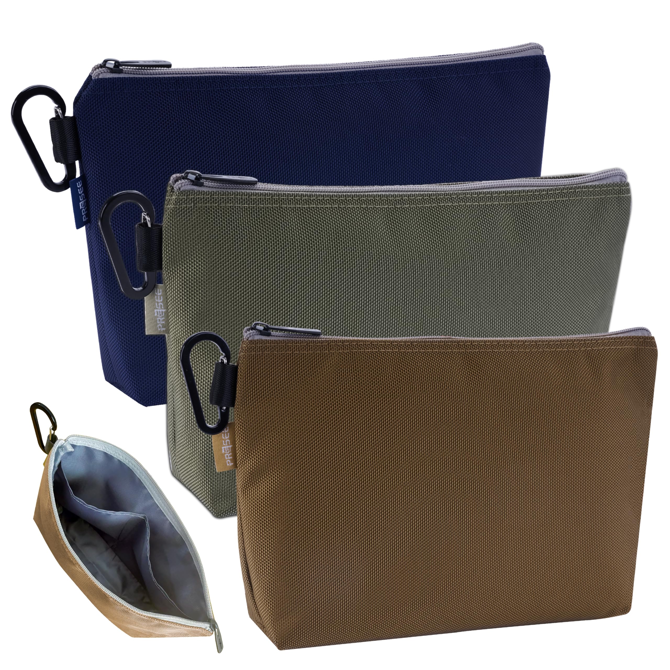 PRESEE Tool Pouch Zipper Small Tool Bag Pouches Organizer Bag with Metal Carabiner, Nylon 1680D Heavy Duty for Wrenches, Screwdrivers & Office Supplies, Pack of 3, Green, Khaki, Blue, 11 Inch