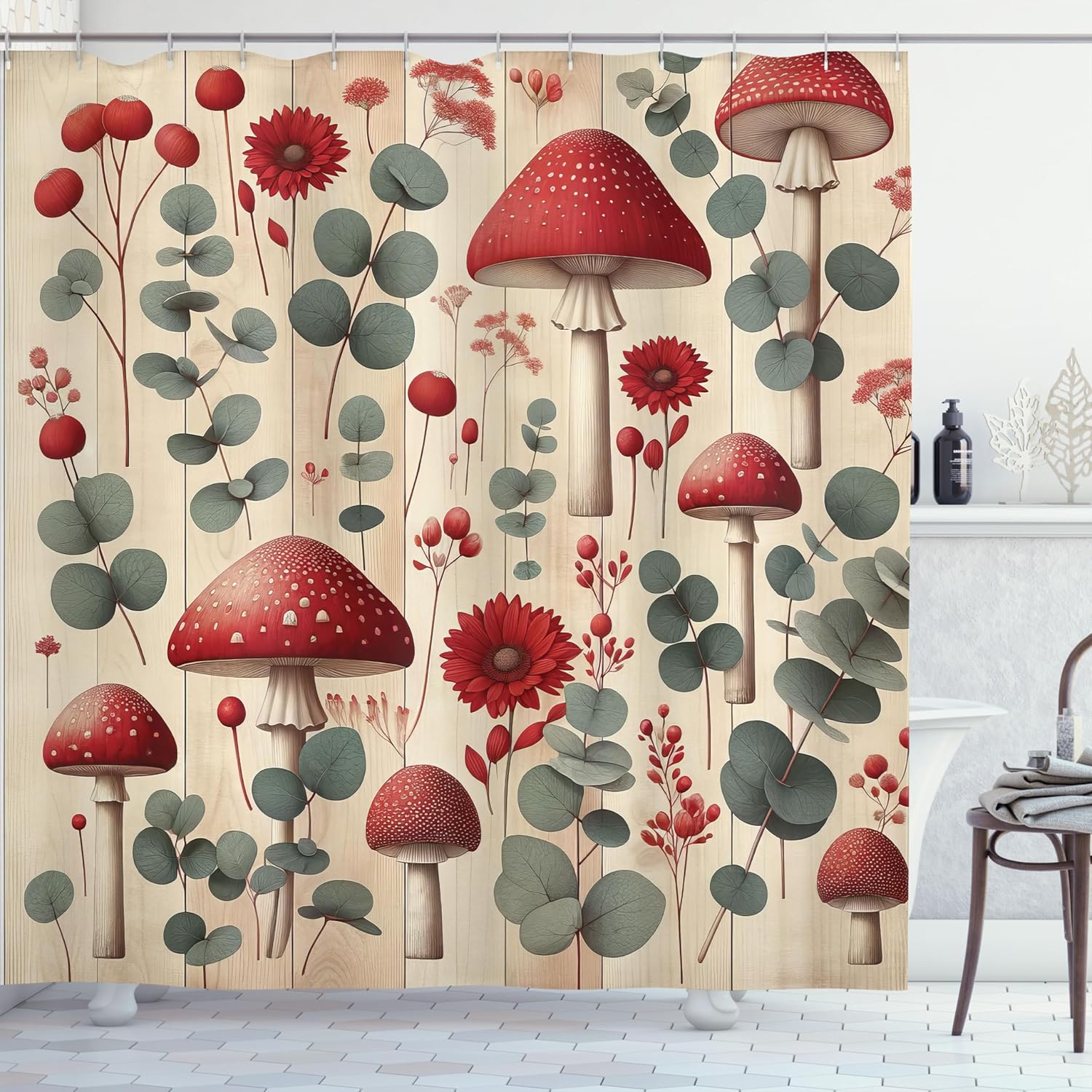 Ambesonne Rustic Shower Curtain, Scandinavian Floral Woodland Mushrooms with Sage Green Eucalyptus Branches, Cloth Fabric Bathroom Decor Set with Hooks, 69" W x 75" L, Champagne Dark Coral