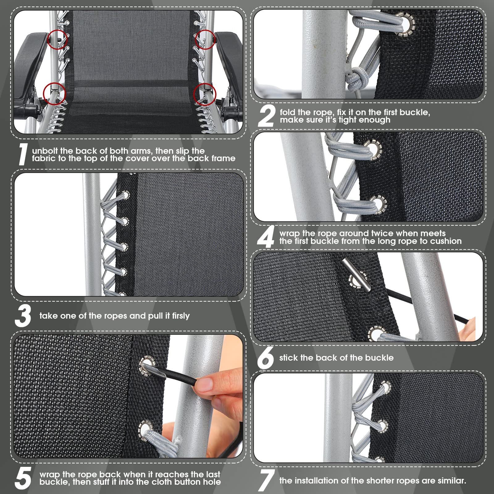 Juego de 6 sillas de gravedad, tela de silla de gravedad, bandeja para silla de gravedad, bandejas de cuerda elástica de repuesto para llevar teléfono celular, aperitivos, agua, malla 3
