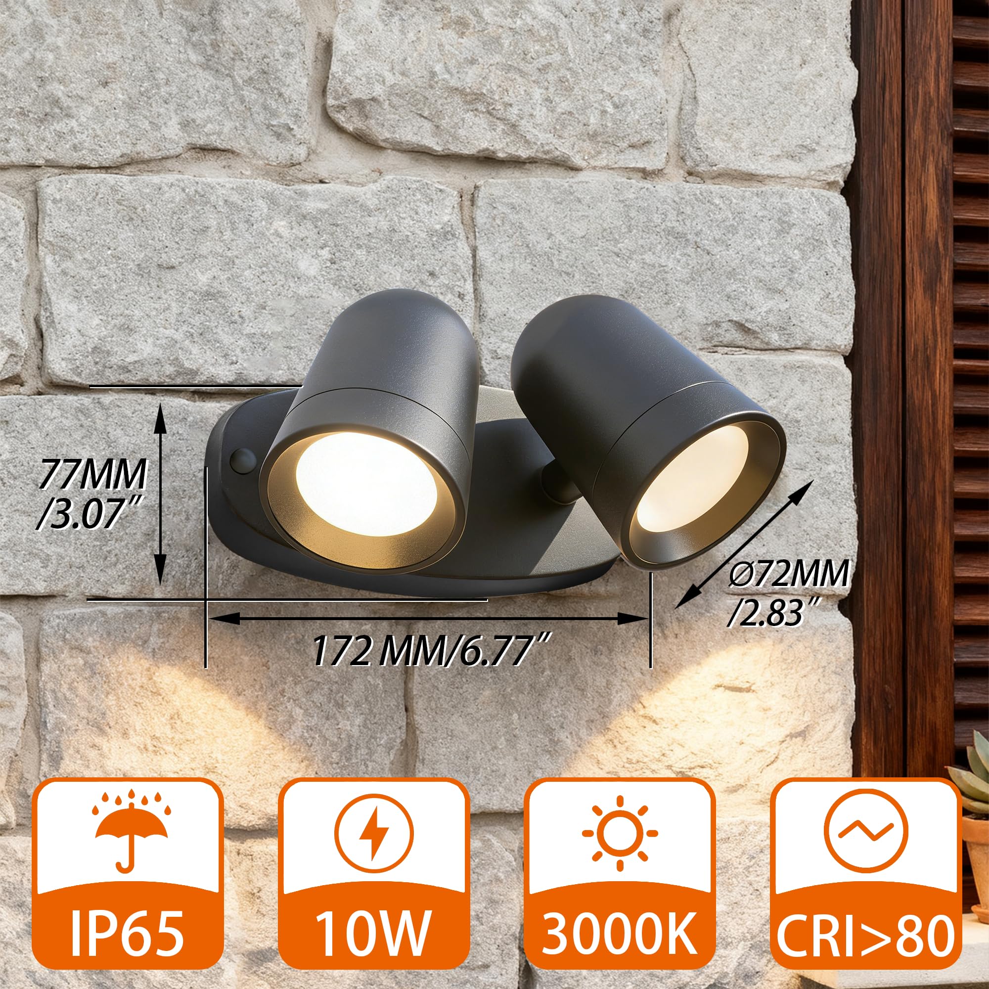 JNR Aussenlampe Wand, Doppel Strahler 330°Schwenkbar Anthrazit Grau | Einstellbarer Beleuchtungswinkel, IP65 Wasserdichte 230V Aluminium Außenlampe, 2*5W GU10 3000K LED Glühbirne Wandleuchte