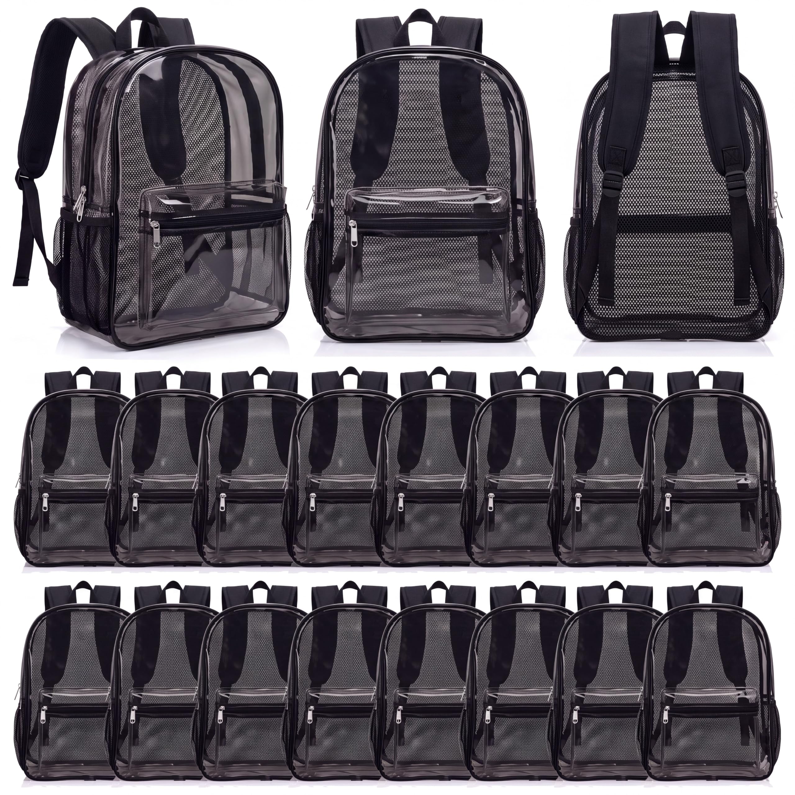 Locmeo 24 Pack Clear Backpacks Bulk Transparent Mesh Bags for Stadium Use Christmas Giveaways Teacher Employee Gifts (Black)