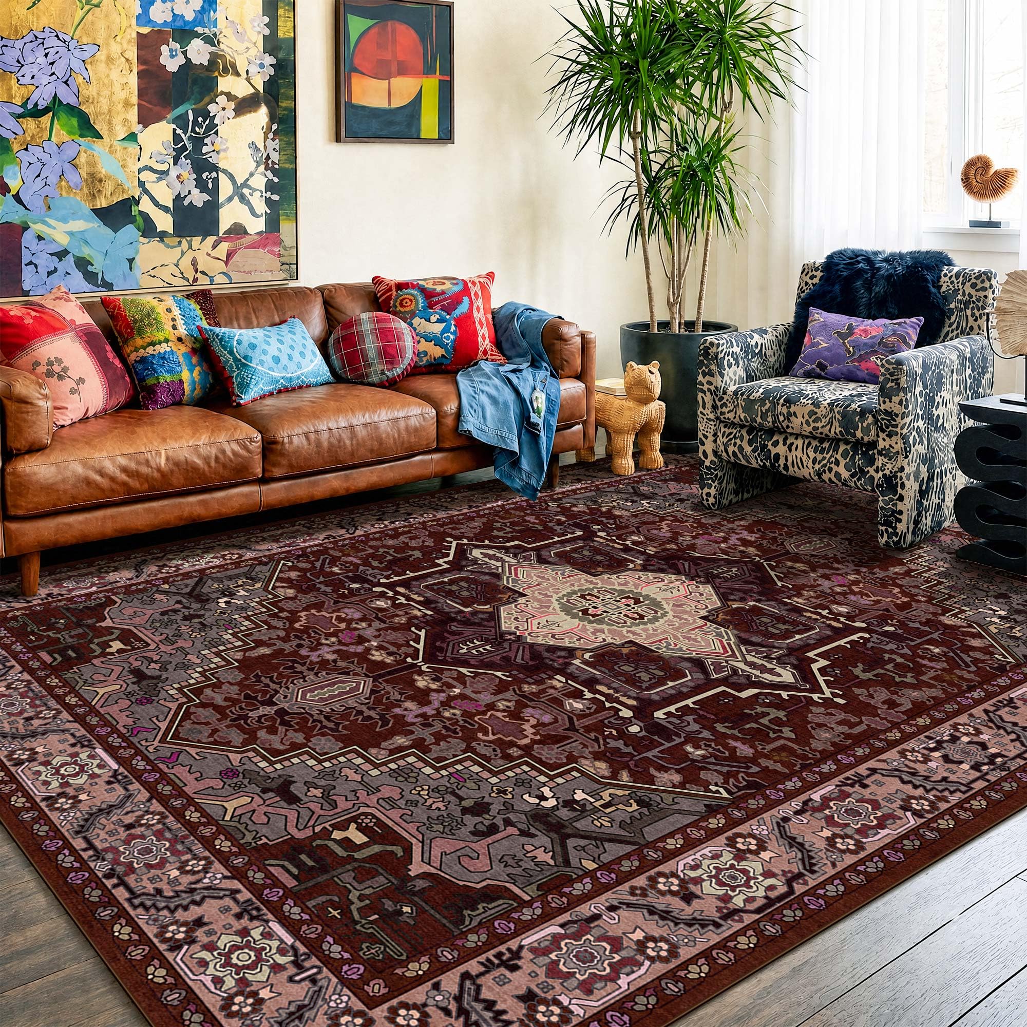 8x10 Burgundy Red and Black Vintage Boho Oriental Soft Washable Area Rug