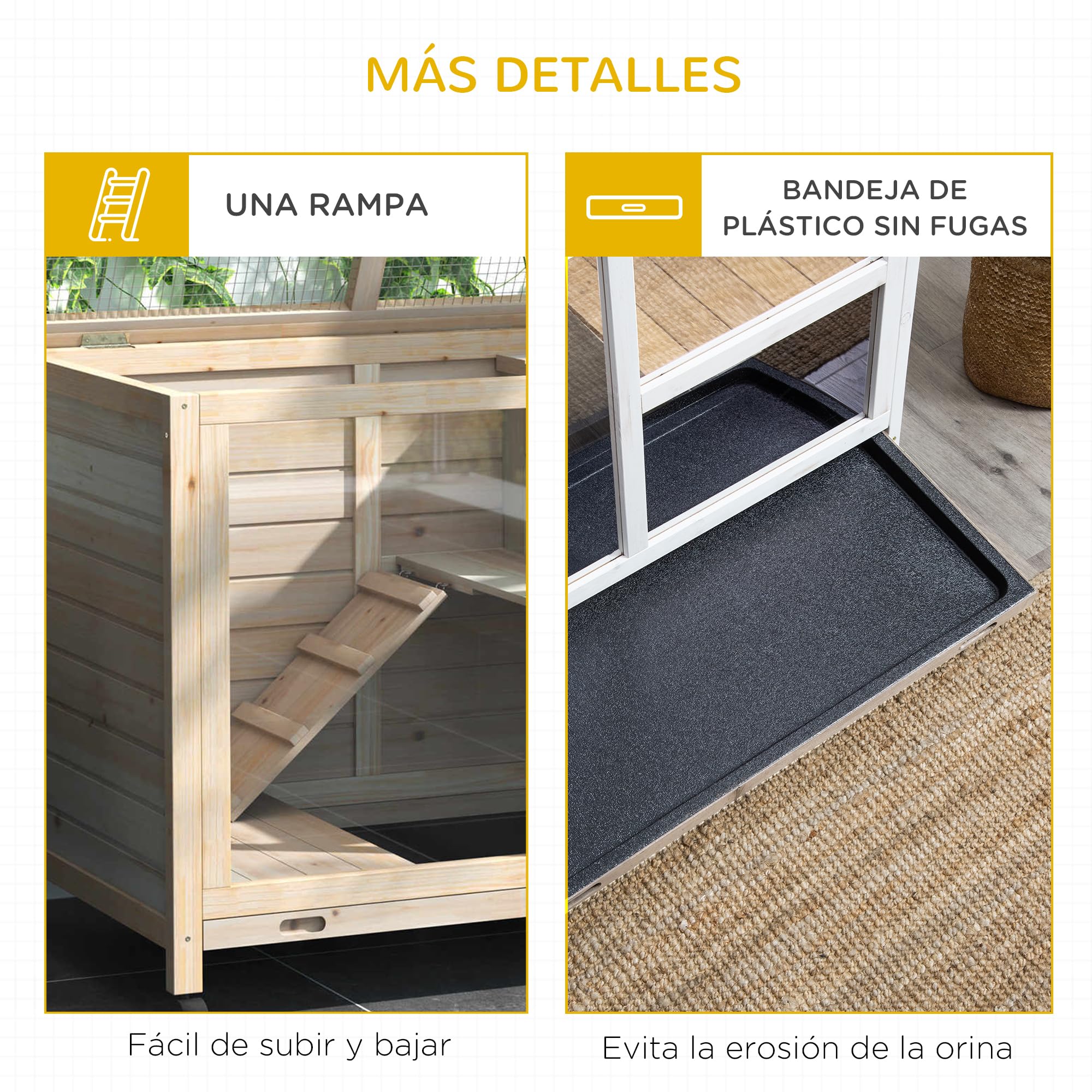 PawHut Conejera de Madera con Ruedas 91,5x53,3x73 cm Jaula para Conejos de 2 Niveles con Techo Abatible Bandeja Extraíble y Rampa Natural