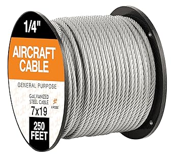 Xpose Safety 7 x 19 Galvanized Steel Aircraft Cable Wire - 1/4 - 250' Reel - 7,000 lb Break Strength Rope for Pulley System or Winch Loop - Marine Wire, Cable/Deck Railing, Fencing, Zipline -