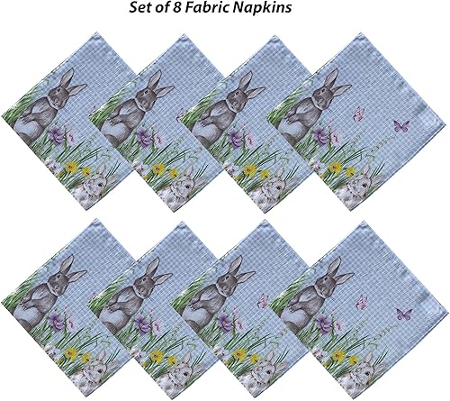 Miniatura 8 de Manteles Newbridge con diseño de Pascua, primavera, prado y conejos bordados, adorable tela de mantel con conejos y de color azul, con estampado a