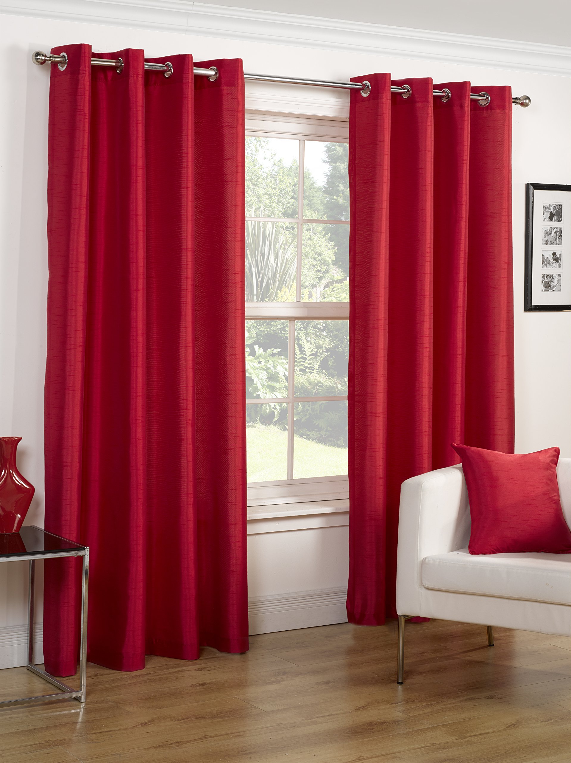 Faux Silk Slubbed Red Eyelet Fully Lined Readymade Curtain Pair 65x90in(165x228cm) Approximately By Hamilton McBride