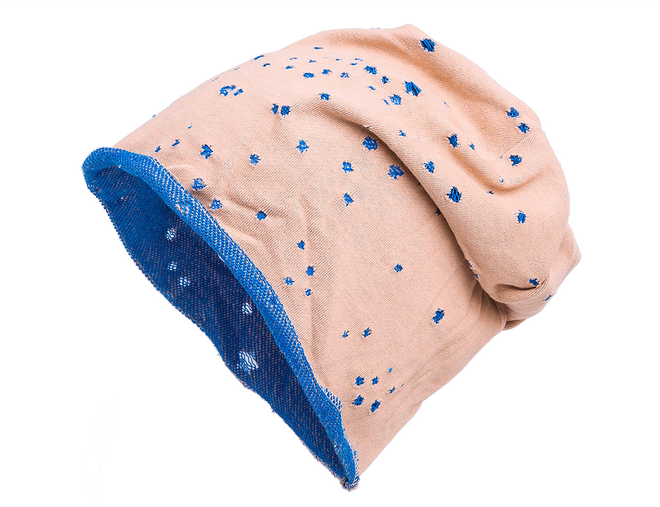 shenky Long Jersey Beanie Hat in Distressed/Destroyed Look - Beige/Blue