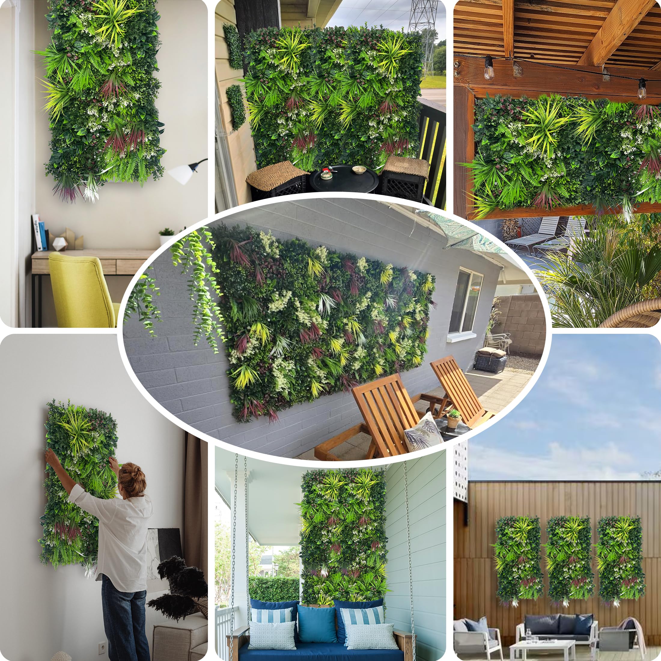 ODTORY Paneles de pared para plantas, 40 x 20 pulgadas, telón de fondo de pared de césped artificial, pantalla de privacidad con protección UV, pantalla de valla de seto de hojas verdes falsas para