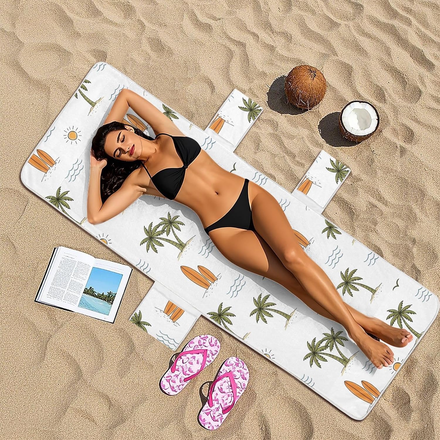 Cute Coconut Tree Lounge Chair Towel Cover with Side Pockets – 85x30in Foldable Chaise Cover for Beach, Pool, Patio, Spa