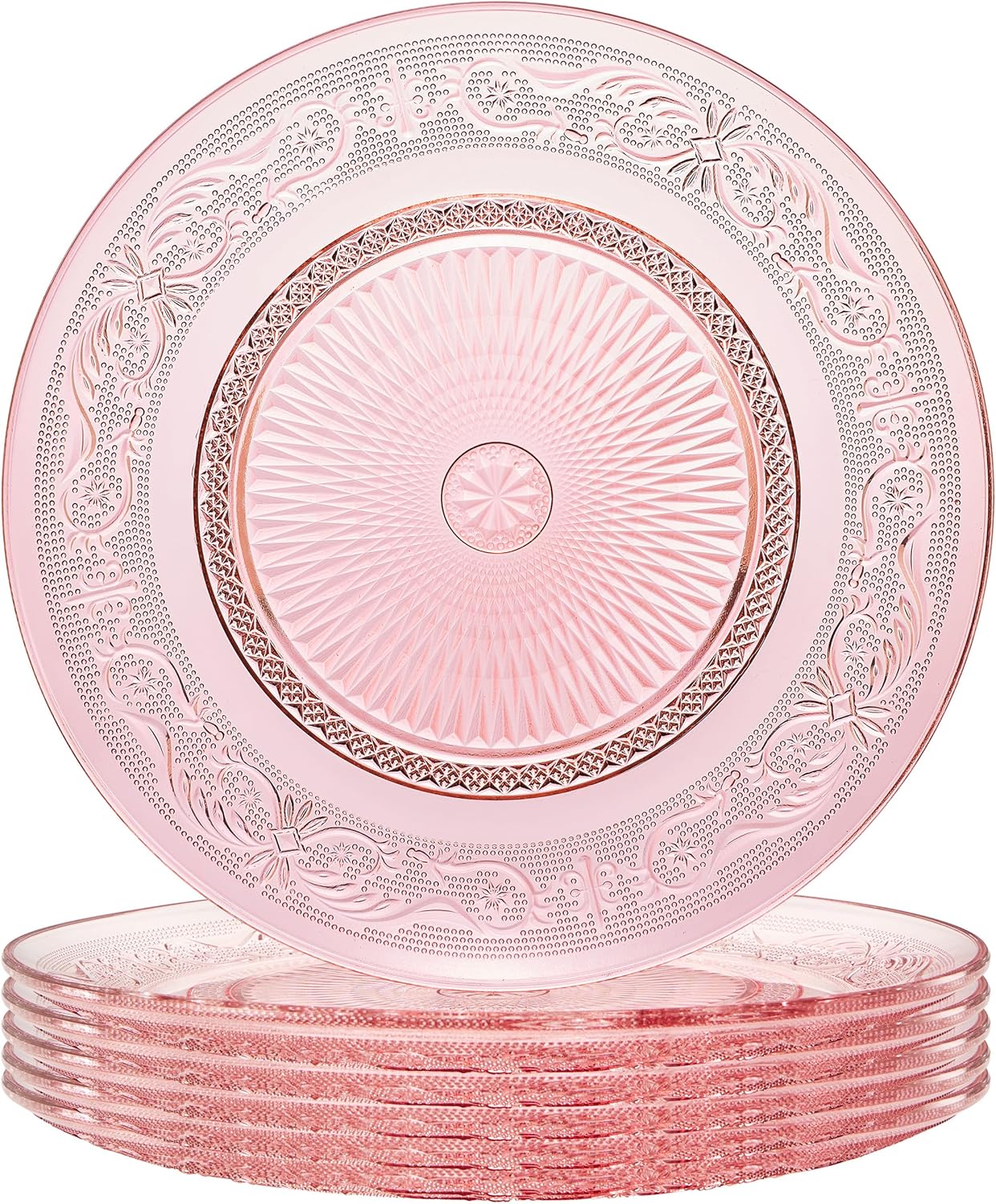 Art Deco Vintage Crystal Pink Plates | Set of 6 | Unique 10.5" Dinner or Charger Plates - Dinner, Charger, Dessert Server, Appetizer Plate, Snack, Fruit, Hand Wash, Housewarming Gift