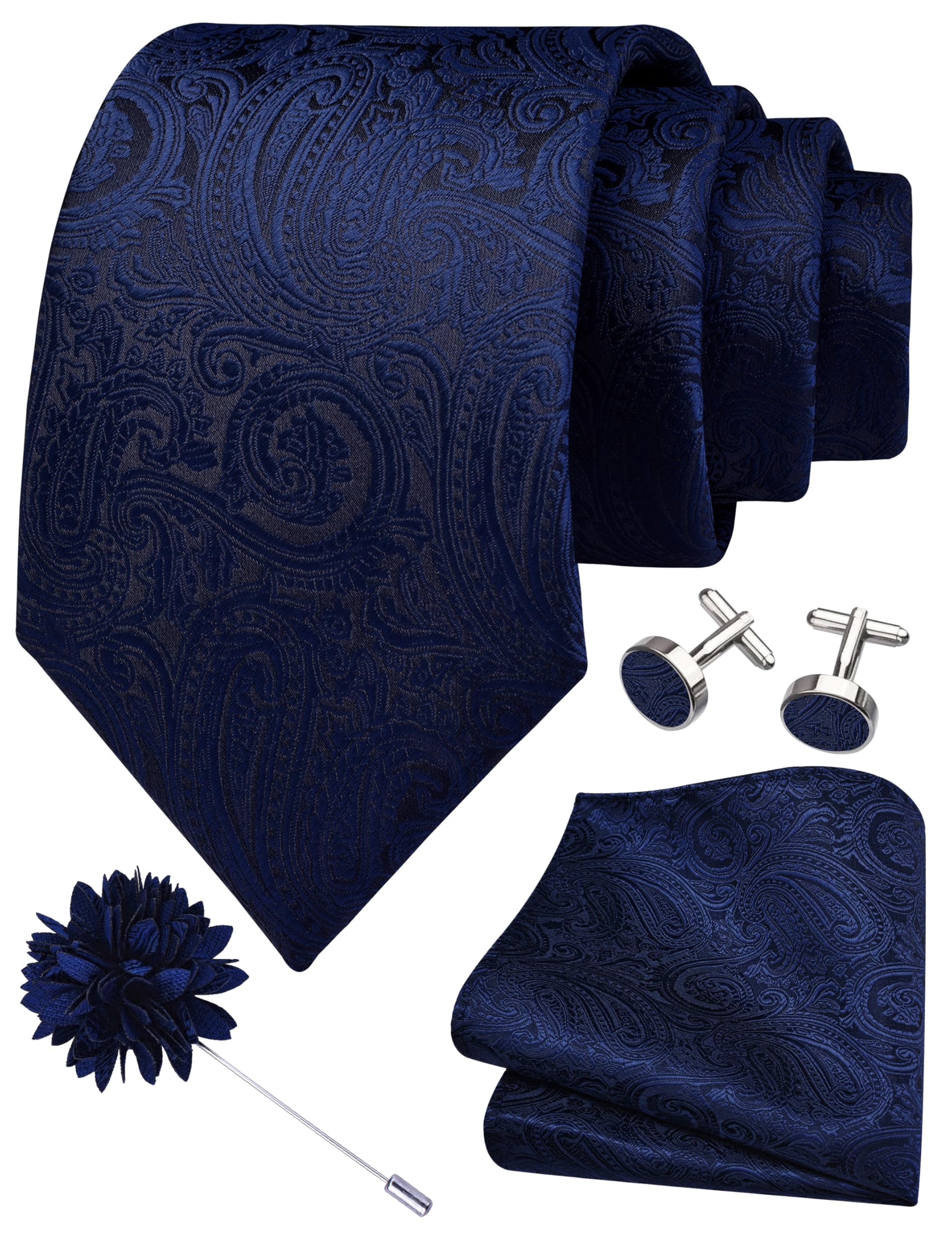 gusleson 3.15"(8cm) Mens Tie and Lapel Pin Paisley Necktie Hankerchief Cufflinks Set for Men-picture-56