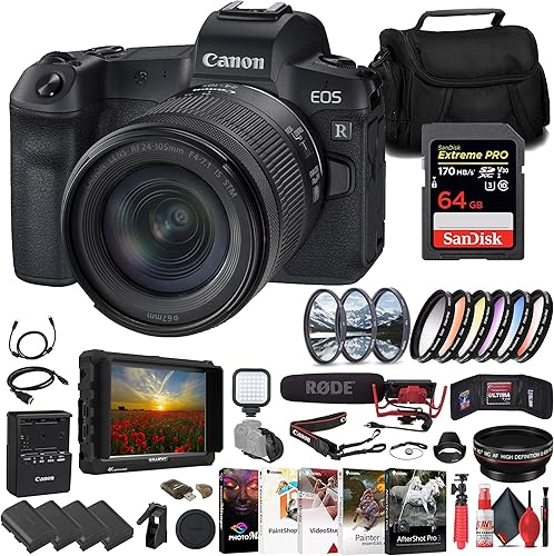 Canon Cámara sin espejo EOS R con lente f/4-7.1 de 0.945-4.134 in (3075C032) + monitor 4K + VideoMic Rode + tarjeta de memoria de 64 GB + kit de