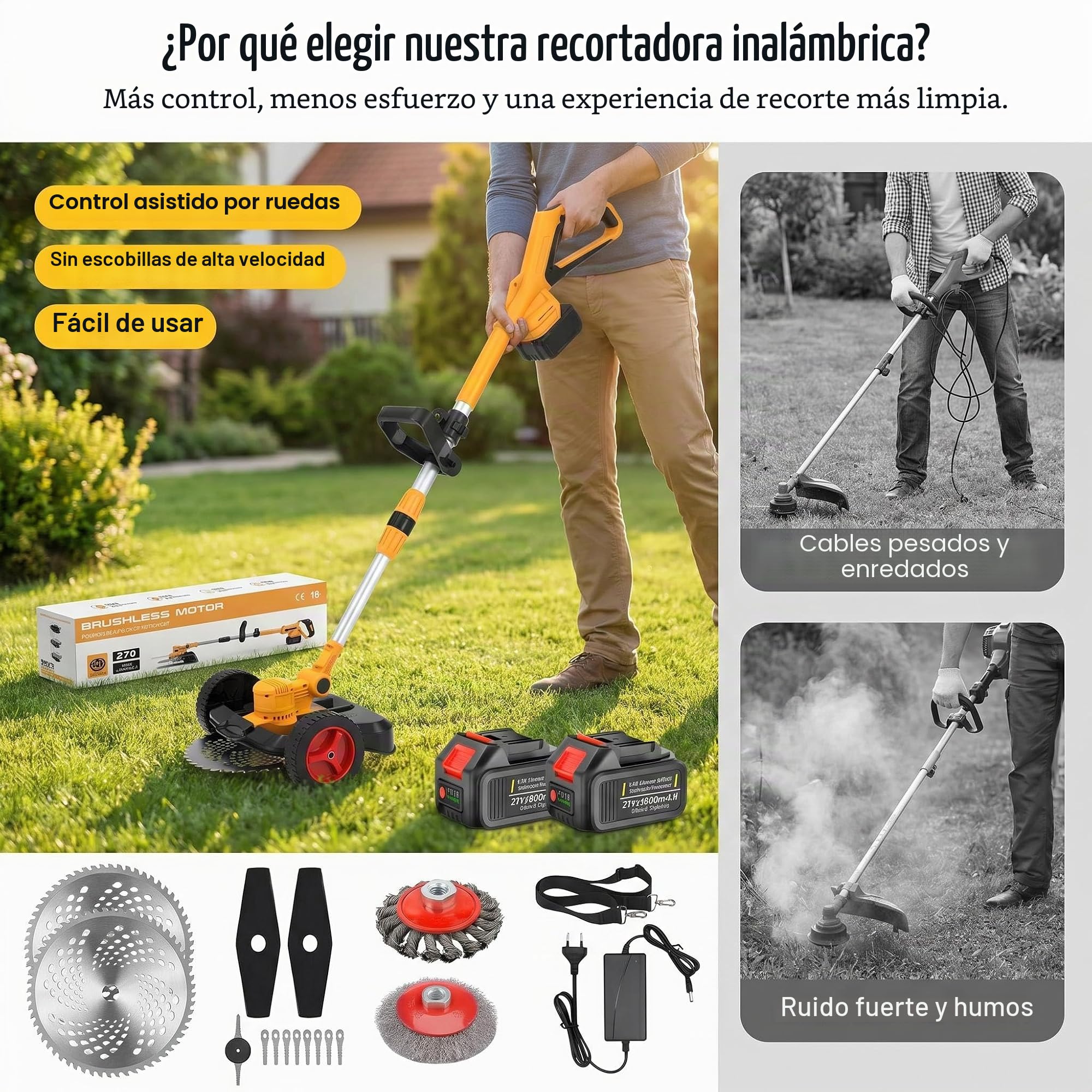 Fiutazge Desbrozadora Electrica Bateria 5 en 1,Plegable Ligero,Cortabordes Electrico Altura Ajustable con Ruedas,Desbrozadora Bateria Profesional, 2 Baterías 4.0Ah,para Malas Hierbas, Césped y Ramas